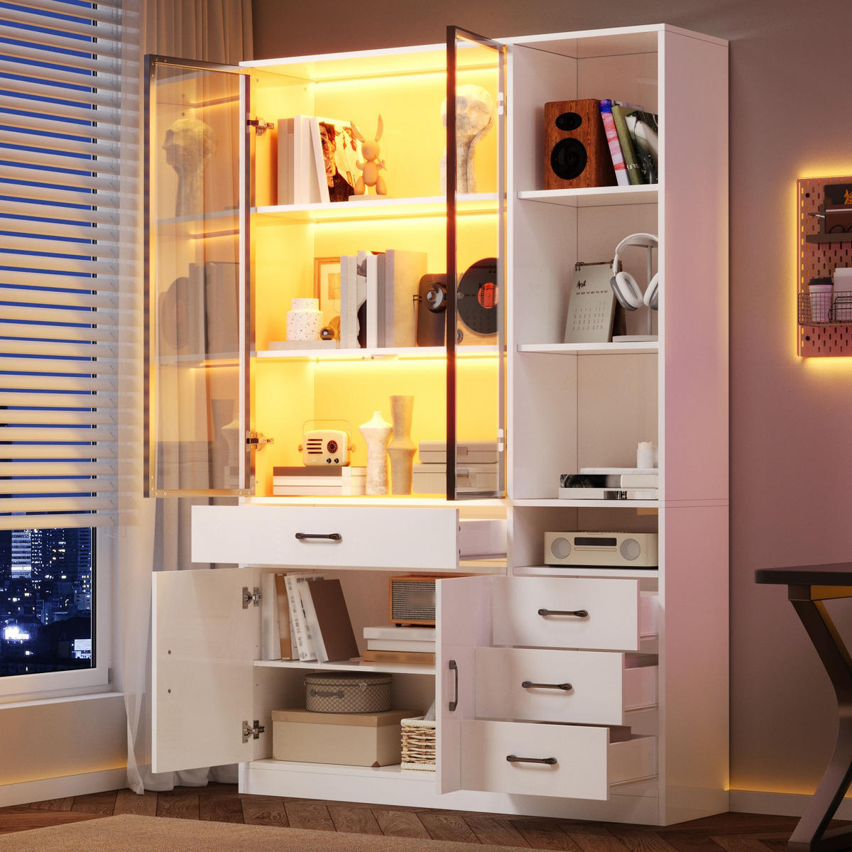 VITRINE LED Hochschrank Glas 120cm 13 Fächer Weiß Modern - Weiß, Holzwerkstoff (120/200/35cm) - FLIEKS