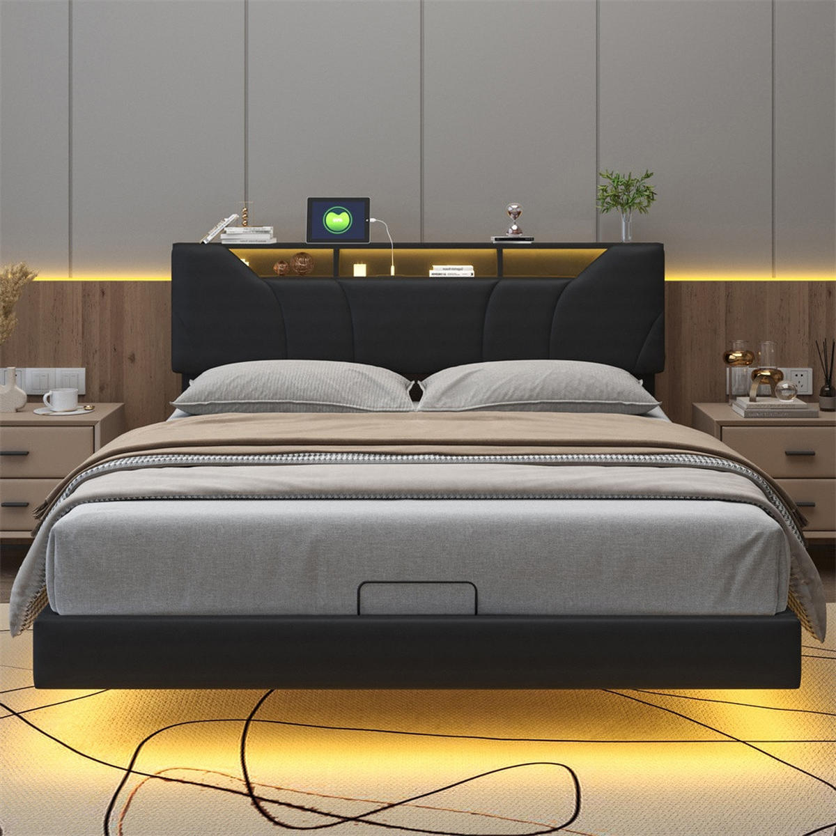 POLSTERBETT 160x200 cm mit LED-Beleuchtung und USB-Ladefunktion - aufklappbarem Kopfteil &hydraulischem Bettkasten - Schwarz, Textil (160/200cm) - DELFA