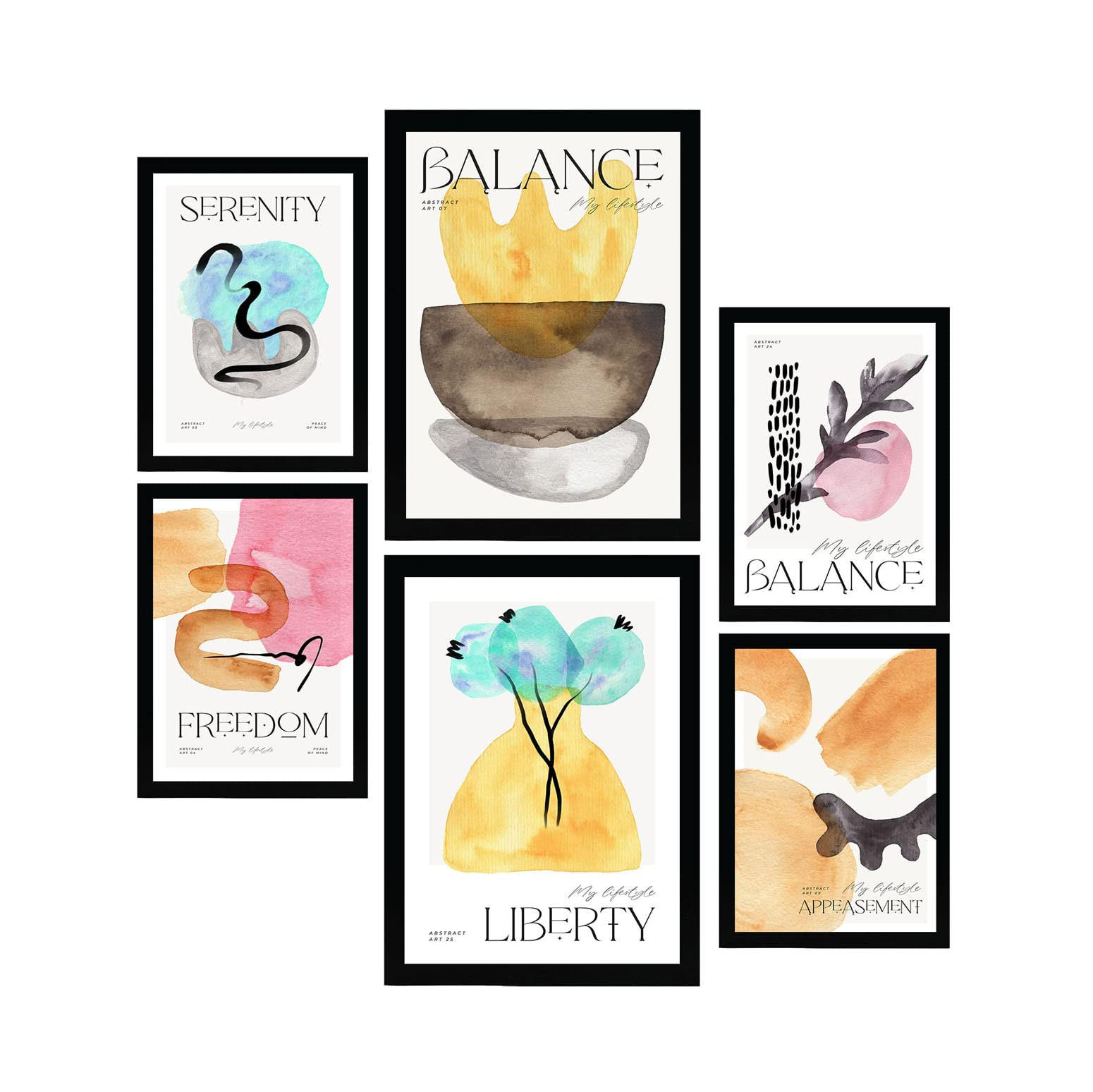 POSTER Set Mit 6 Abstrakte Gleichgewicht Plakate Mit Ästhetischer Kunstausstellung Vollfarbige Illustrationen Für A3 & A4 Schwarzer Rahmen - Schwarz, Papier (29/3cm) - Nacnic