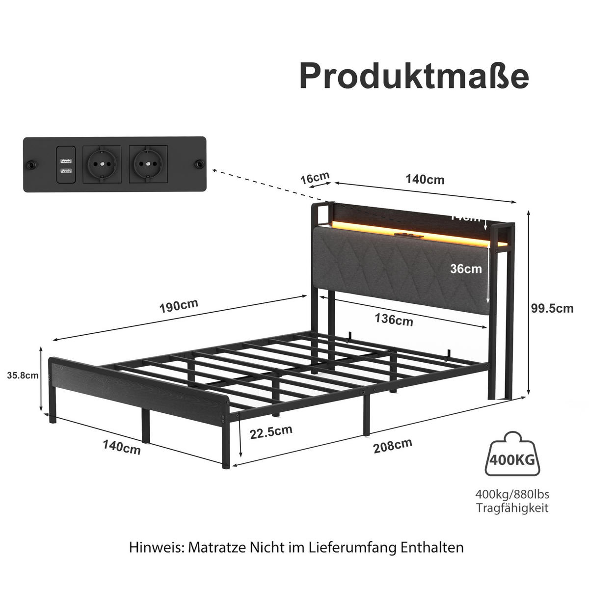 POLSTERBETT 140x190 cm in Schwarzgrau mit LED-Beleuchtung, USB-Anschluss und Stauraum - Schwarz, Textil (140/190cm) - IVMEU