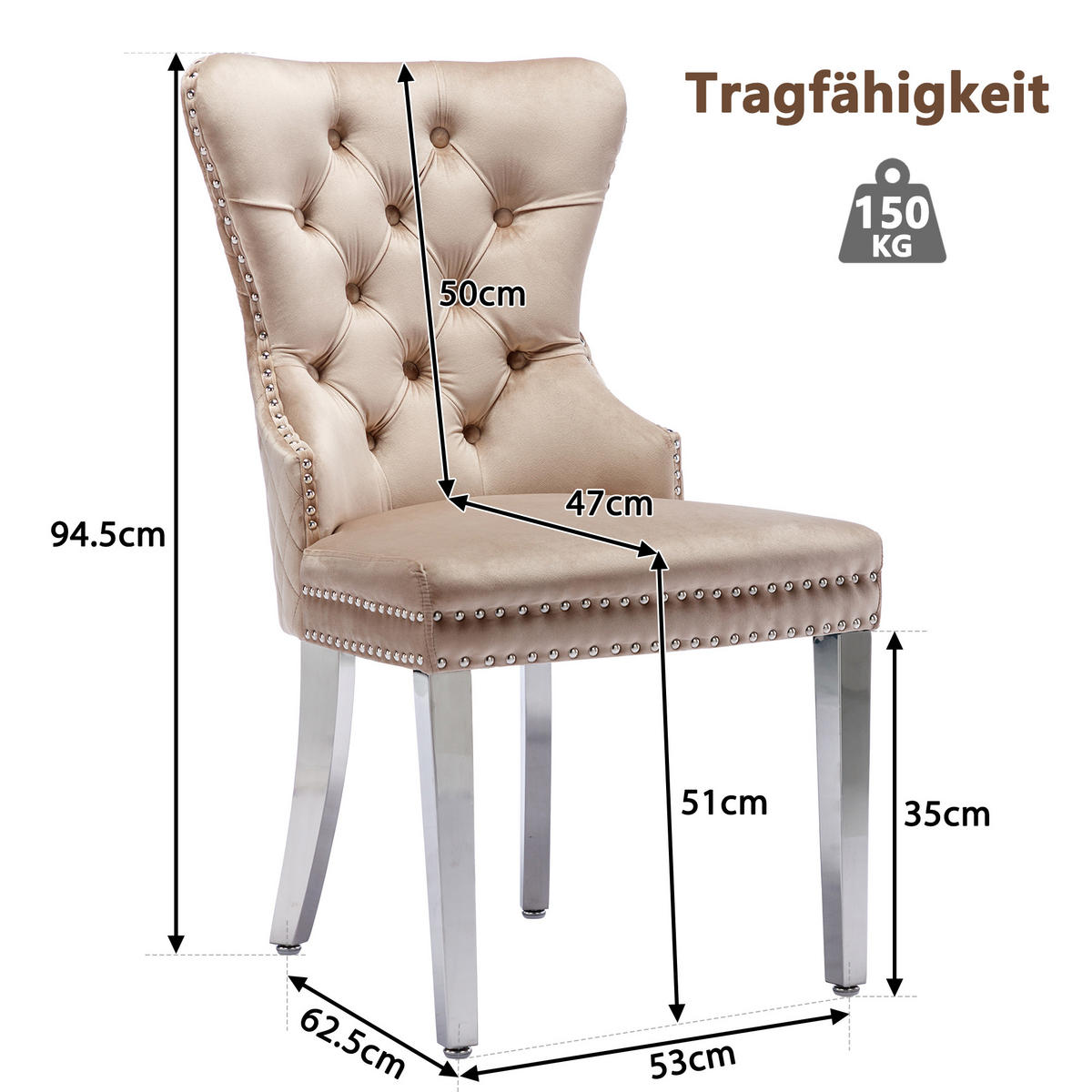 ESSZIMMERSTUHL 2er-Set mit Samtpolsterung, Massivholz-Metall-Gestell und Pin-Kopf Dekoration im modernen Design, beige - Beige, Textil (62.5/94.5/53cm) - Luhomfu
