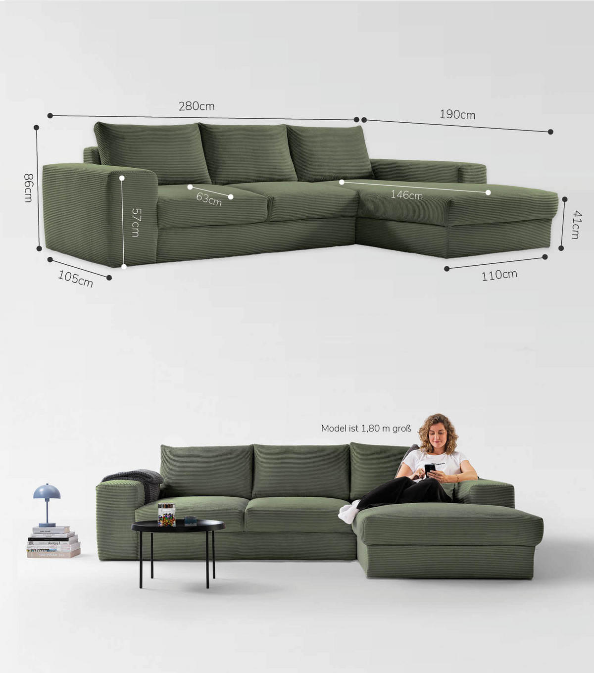 ECKSOFA Der Klassiker Recamiere rechts - Mintgrün, Textil (280/190cm) - Mokebo