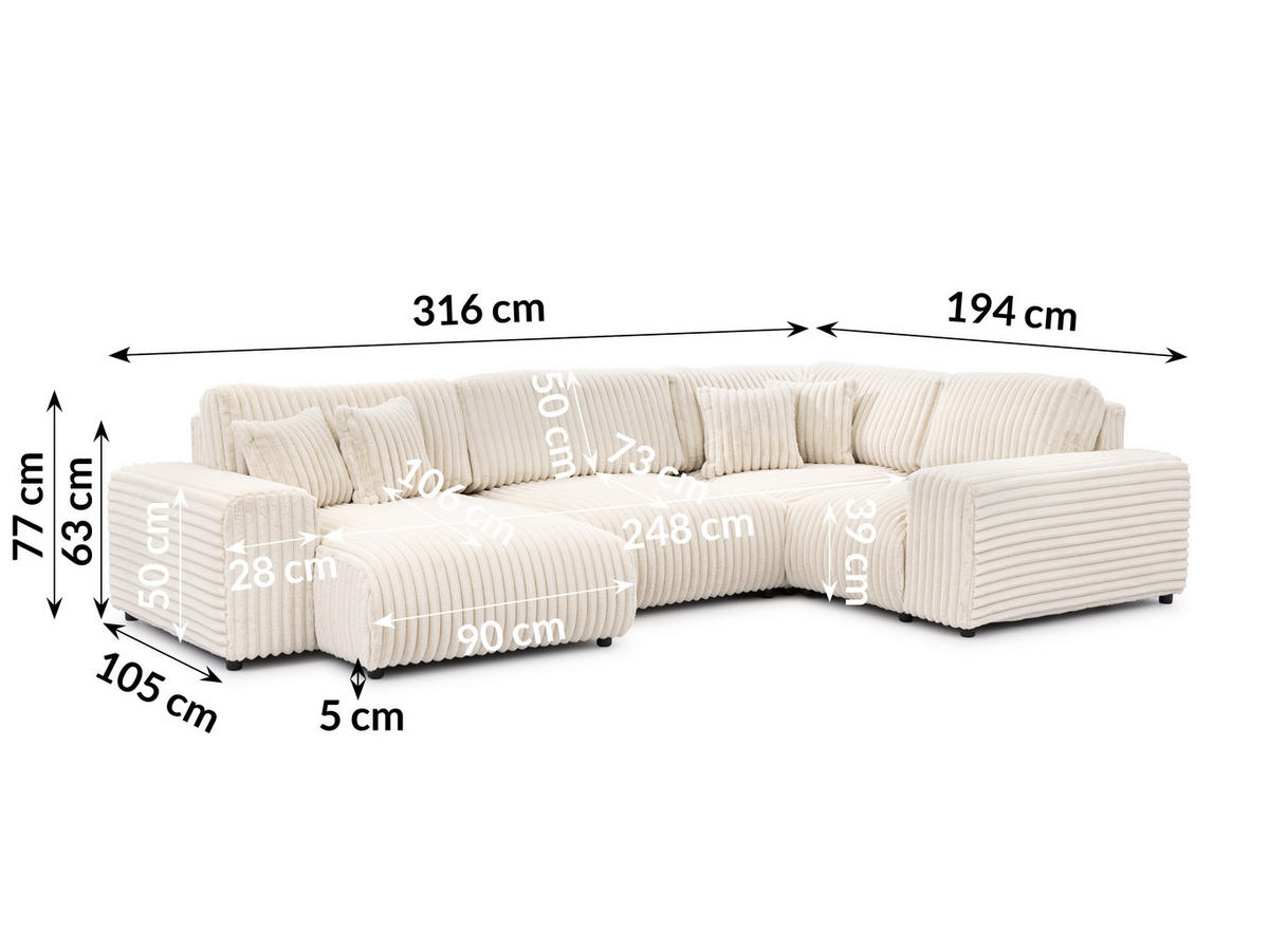 WOHNLANDSCHAFT Mollis Hellbeige Plüschcord im XXL-Format - Ottomane Links - Beige/Schwarz, Holz/Kunststoff (316/77/194cm) - S-Style Möbel
