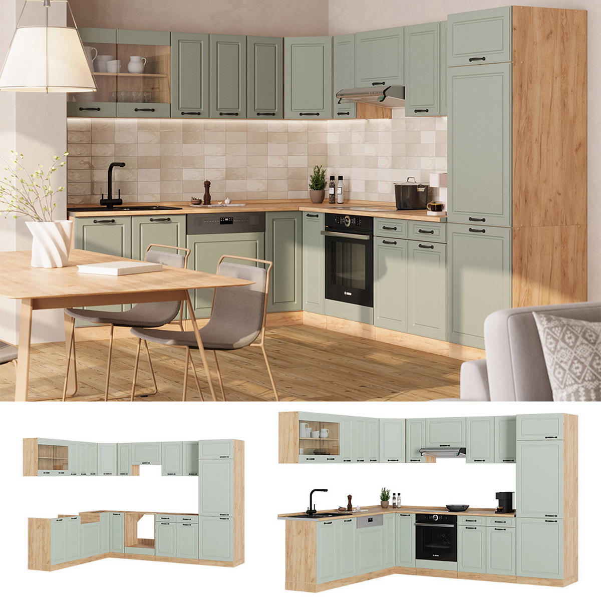 ECKKÜCHE R-Line, Mint Landhaus/Goldkraft Eiche, 287 x 227 cm - Honigeiche/Grün, Holzwerkstoff (287/206.8/60cm) - Vicco