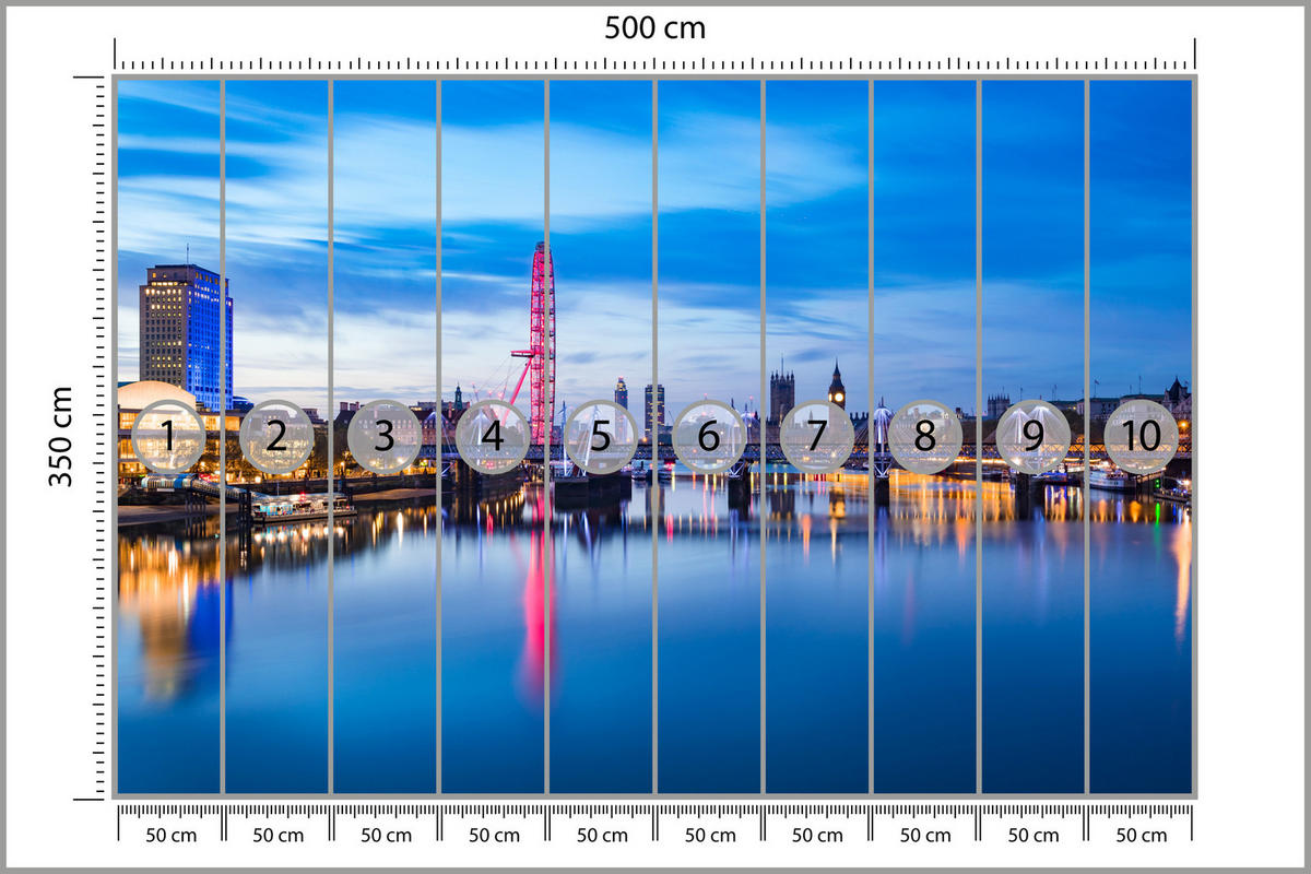 FOTOTAPETE für Wohnzimmer Panorama London Eye Themseufer 500x350 - Blau/Rot, Papier (500/350cm) - Muralo