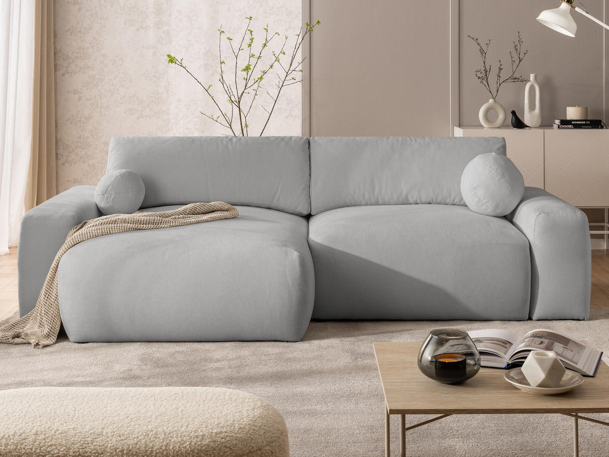 ECKSOFA Puffy mit Schlaffunktion und Bettkasten - besonders weich und puffig aus Grau Webstoff - Ottomane links - Schwarz/Grau, Holz/Kunststoff (138/266cm) - S-Style Möbel