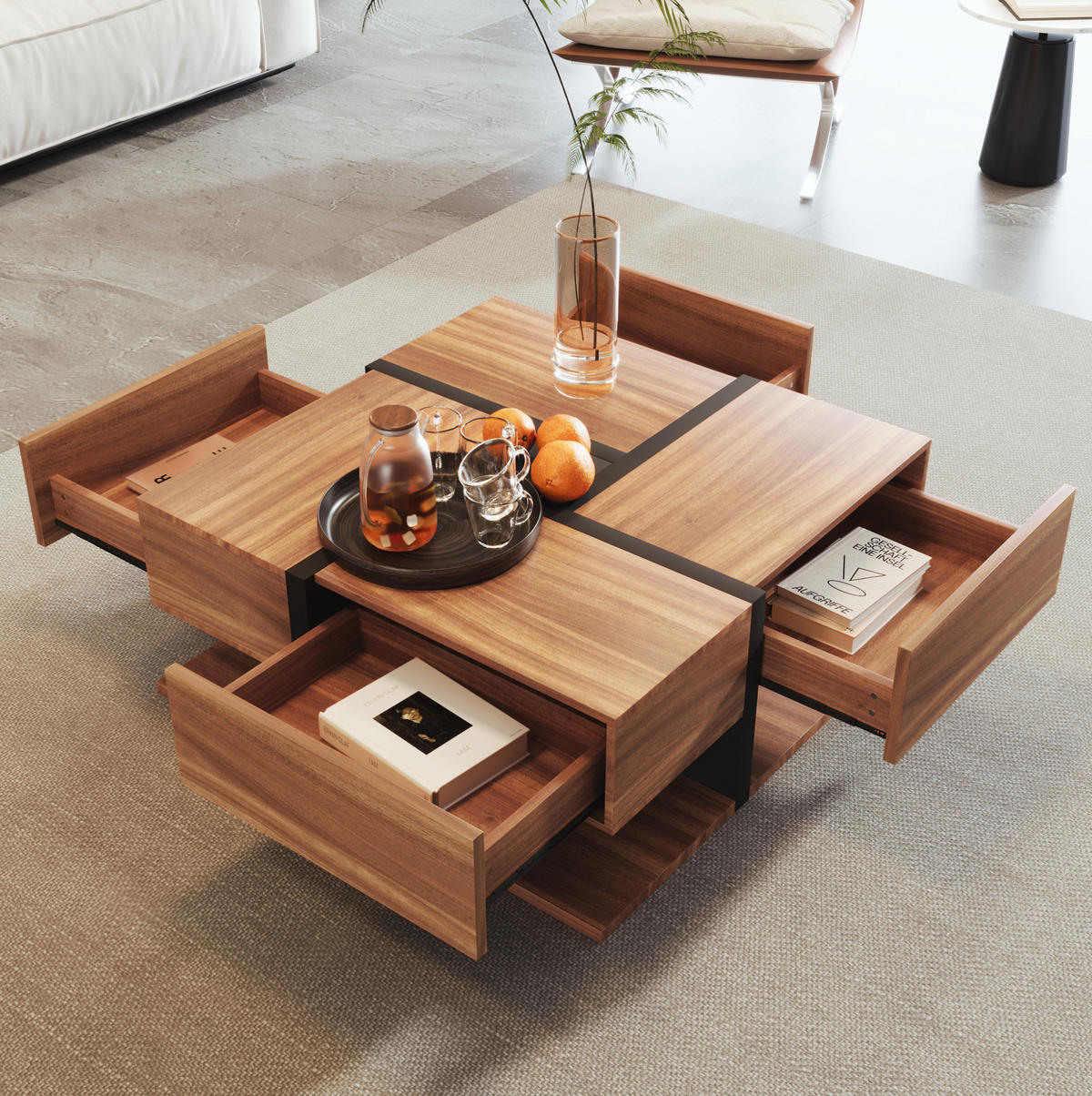 COUCHTISCH 78/78/36 cm mit 4 Schubladen und Ablage in Natur/Schwarz - Naturfarben, Holzwerkstoff (78/78/36cm) - Flora Grace