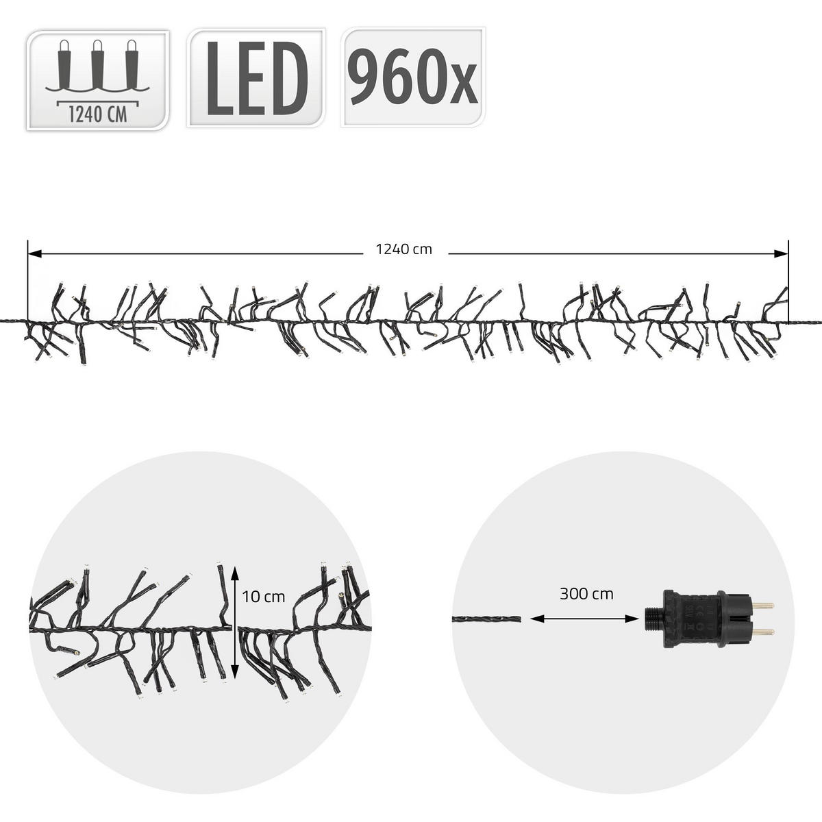 LED světelný řetěz typu „cluster“ pro vnitřní i venkovní použití, 12,4 m, vánoční osvětlení, 960 LED, teplá bílá - bílá, plast (1540cm) - ECD-Germany