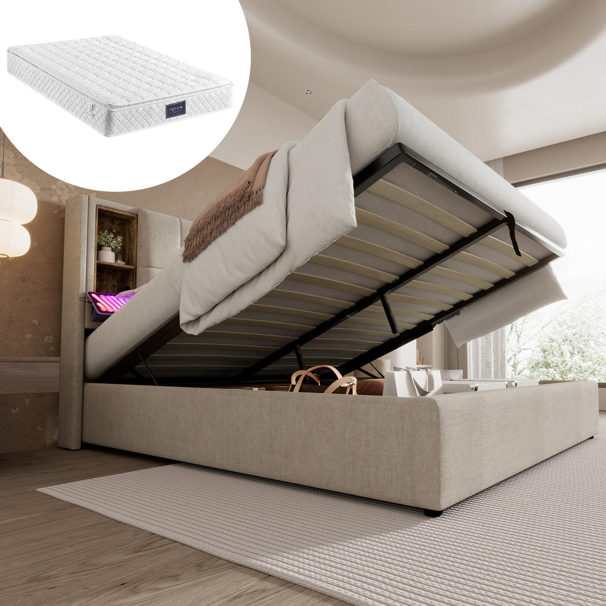 POLSTERBETT 140/200 cm Natur mit Kabelloses Laden und USB-Anschlüssen mit Matratze - Naturfarben, Textil (140/200cm) - OKWISH