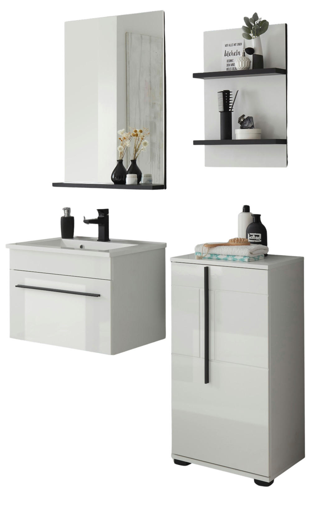BADMÖBEL-SET weiß Hochglanz schwarz, Badkombination MIT Waschbecken, 115 x 200 cm - Weiß Hochglanz/Schwarz, Holzwerkstoff/Kunststoff (115/200/45cm) - Furn.Design