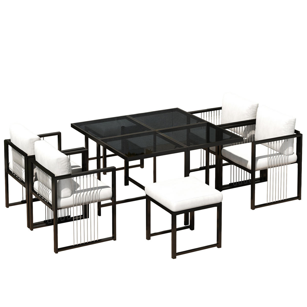 GARTENMÖBELSET 117/117 cm schwarz/weiß aus Metall und Glas mit Kissen - Schwarz, Metall - OKWISH
