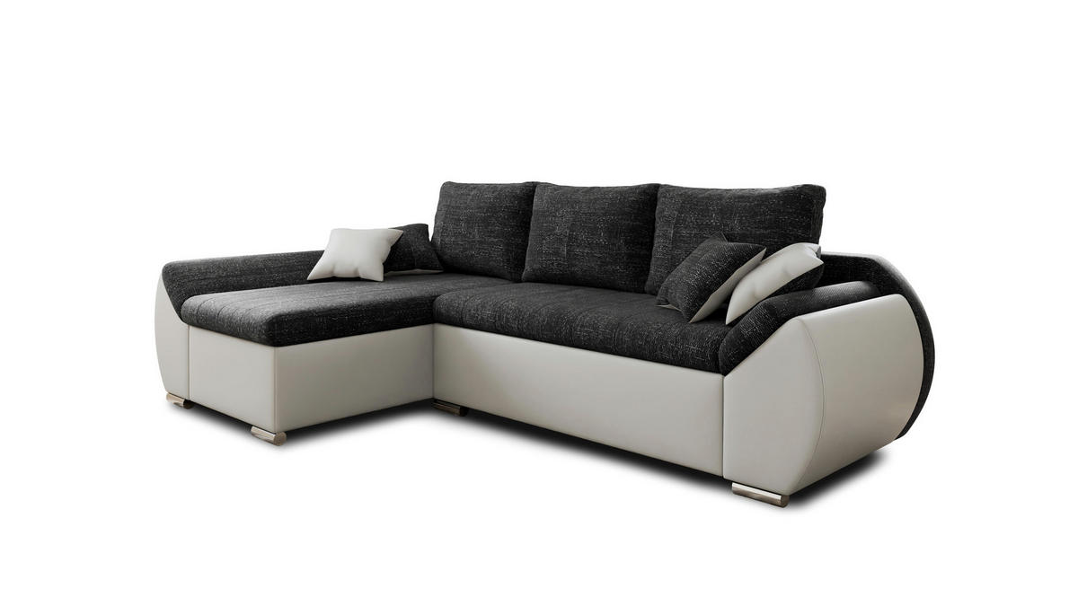 ECKSCHLAFSOFA ALEX – Schwarz + Weiß (Lawa 06 + Soft 17) + Hocker - Links - Schwarz, Holzwerkstoff/Metall (275/155cm) - Möblo
