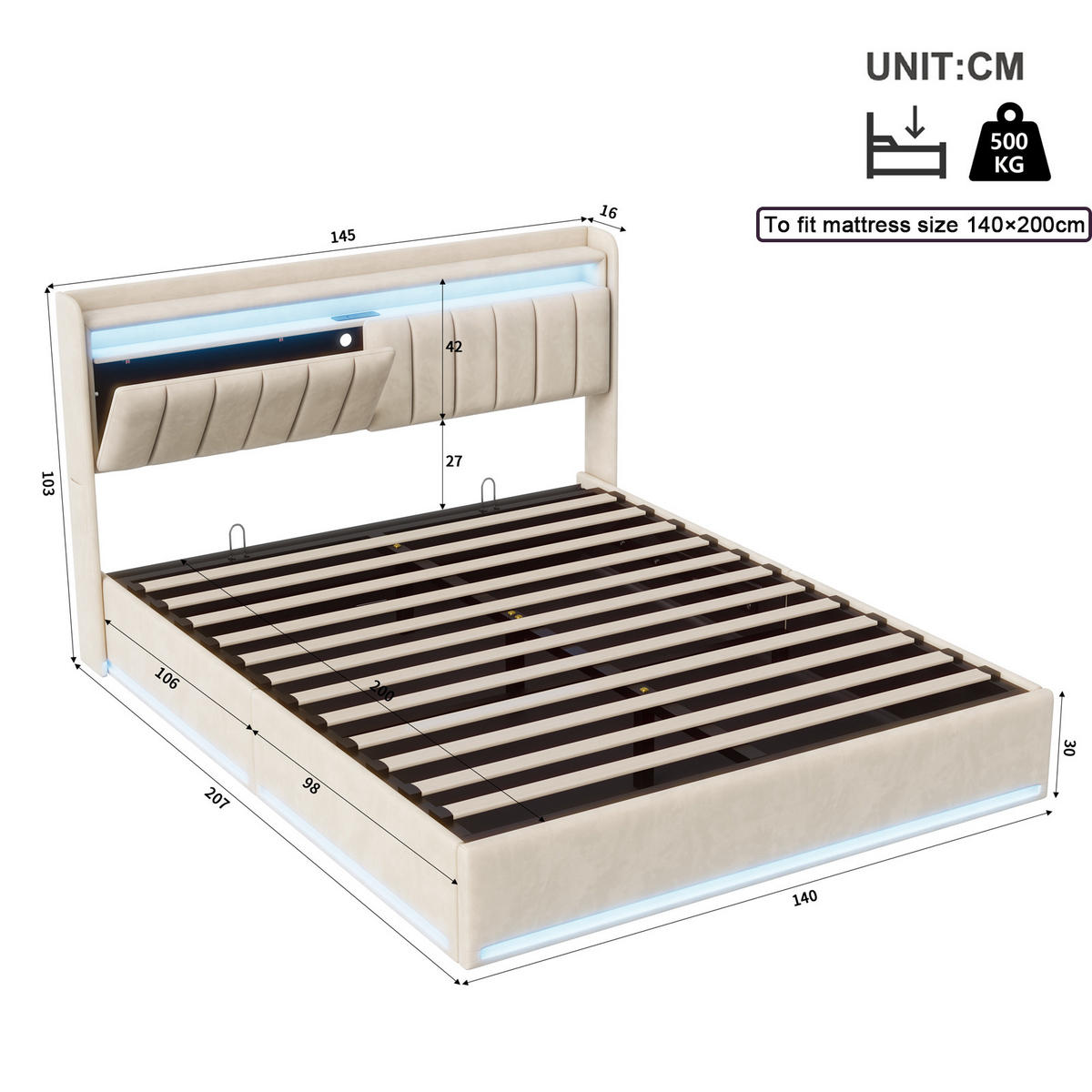 POLSTERBETT Längssteppung 140/200 cm mit Bettkasten & App-LED Samtoptik Beige - Beige, Textil (140/200cm) - Creahappy