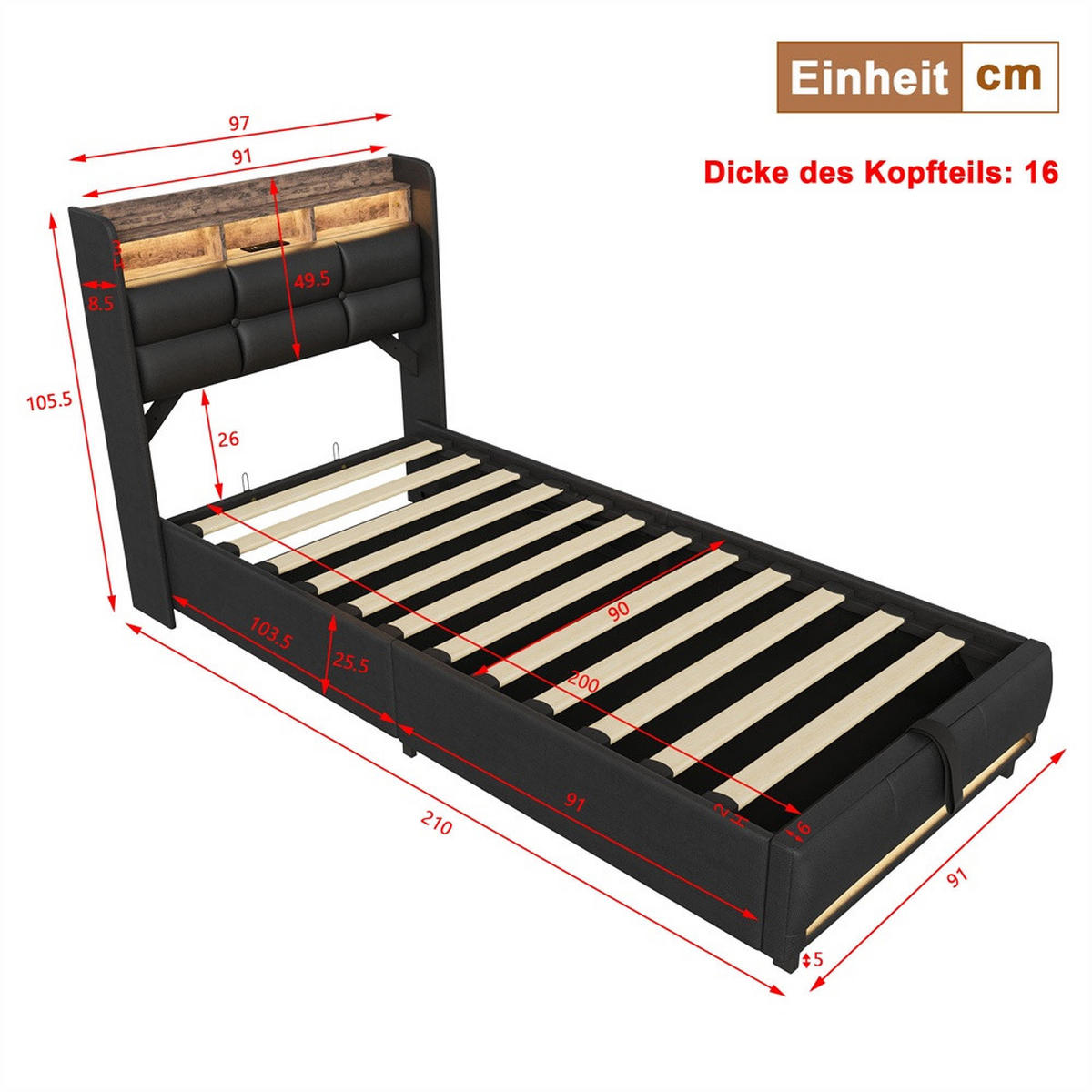 POLSTERBETT 90x200 cm mit hydraulischem Stauraum - mit Stauraum Kopfteil und LED-Beleuchtung - Schwarz - Schwarz, Textil (90/200cm) - DELFA