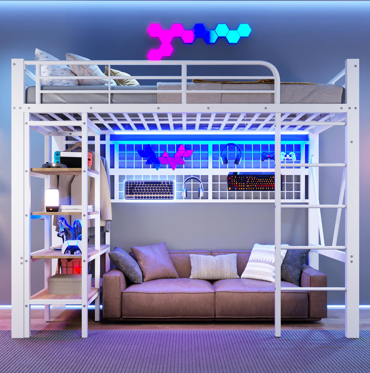 HOCHBETT 90/200 cm in Weiß mit LED-Lichtleiste und Ablagefach - Weiß, Metall (90/200cm) - BEAOK
