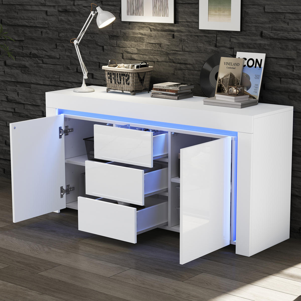 SIDEBOARD 140/40/65 cm in Weiß Hochglanz mit 2 Türen, 3 Schubladen & LED - Weiß, Holzwerkstoff (140/65/40cm) - BEAOK