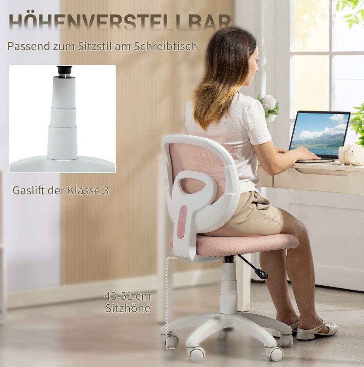 BÜROSTUHL ergonomisch höhenverstellbar Netzrücken Pink - Pink, Kunststoff (53/89/59.5cm) - Meubliv