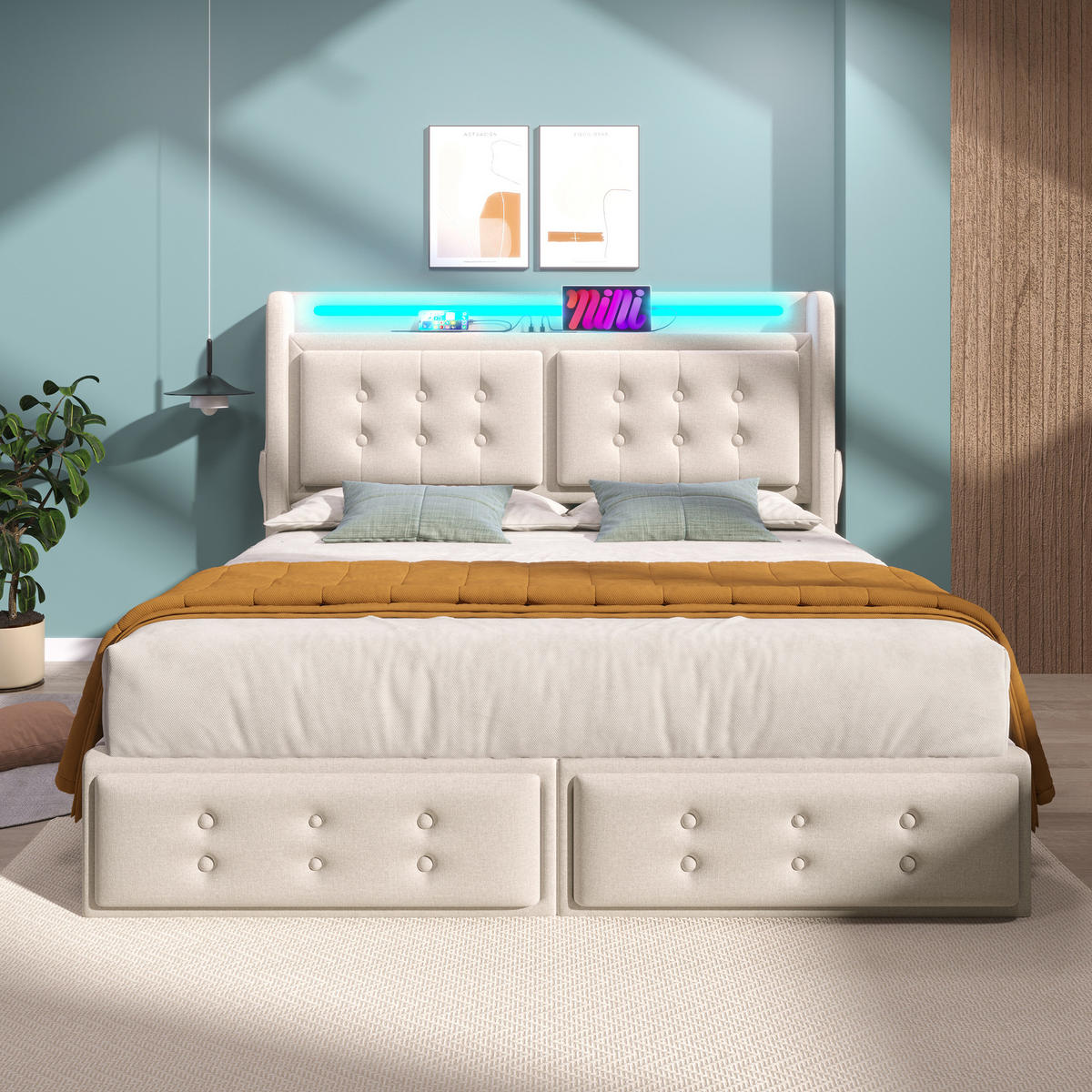 ČALOUNĚNÁ postel 180/200 cm, béžová, bavlněno-lněný potah s LED osvětlením a USB-C - béžová, textil (180/200cm) - BEAOK