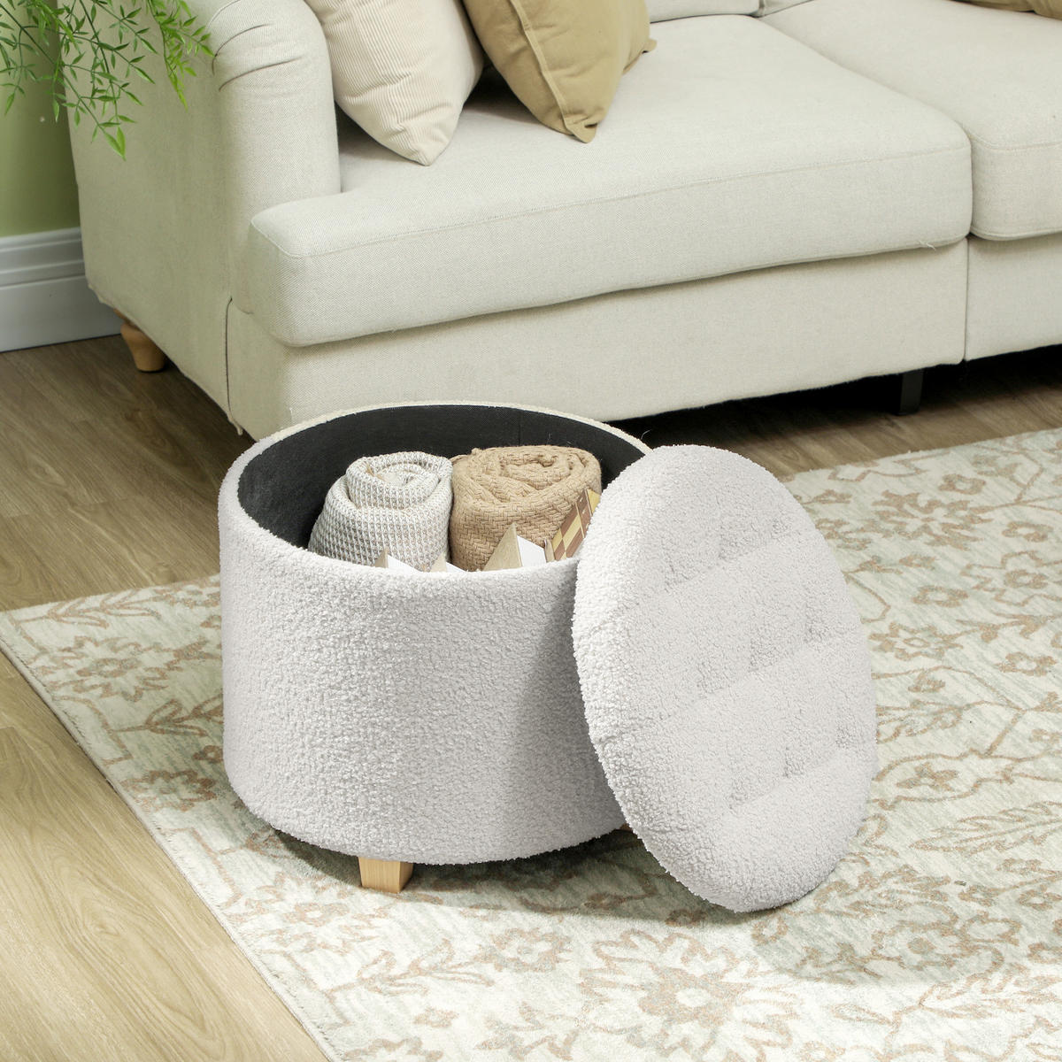 SITZHOCKER Polyester Weiß - Weiß, Holz/Textil (45/41/45cm) - HOMCOM