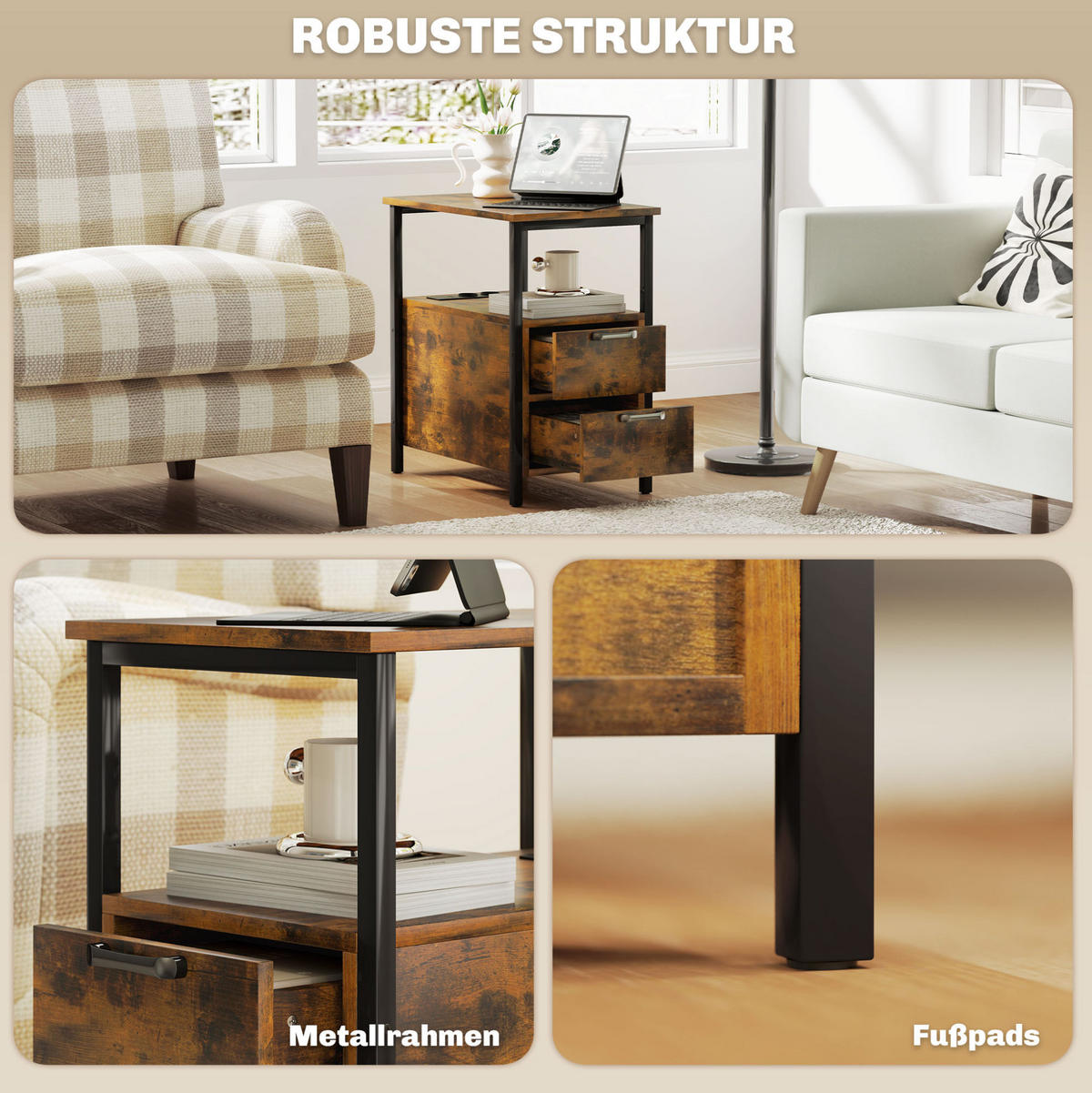 BEISTELLTISCH aus Holzwerkstoff 55x35x58,5 cm Braun mit Ladestation, 2 Schubladen und offenem Regal - Braun, Holzwerkstoff (55/35/58.5cm) - Modfu