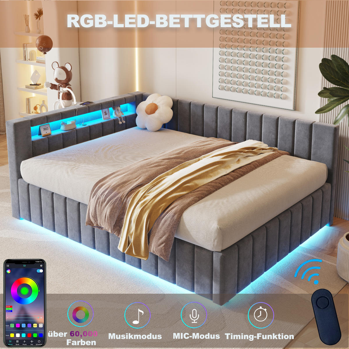 POLSTERBETT 140/200 cm in Grau Samt mit Bettkasten, LED und USB - Dunkelgrau, Holzwerkstoff/Textil (140/200cm) - WISHDOR
