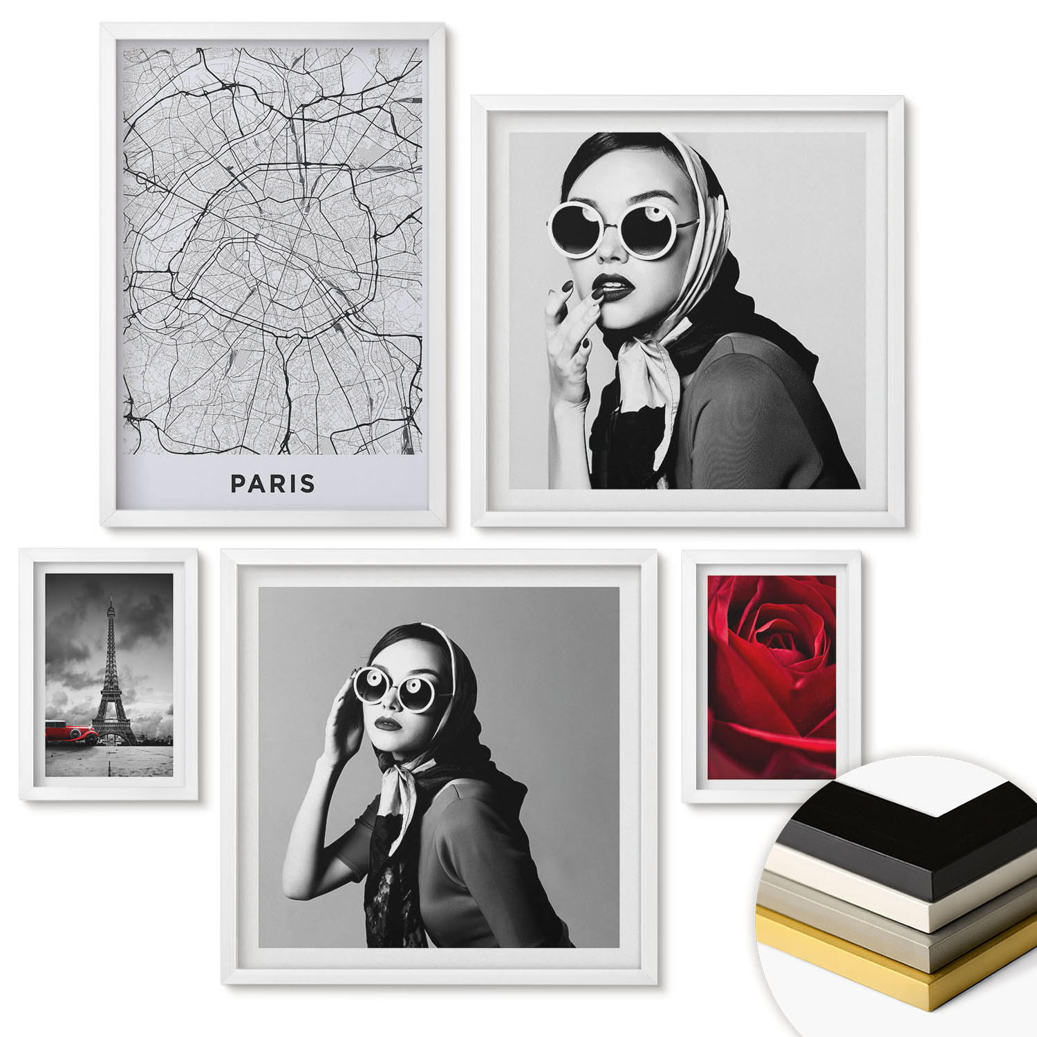 WANDBILDER 5er-Set - 50x50 cm & 20x30 cm & 40x60 cm Weißer Rahmen - Pariserin mit Eiffelturmbrille - Weiß, Kunststoff (40/60cm) - ArtPrintCave