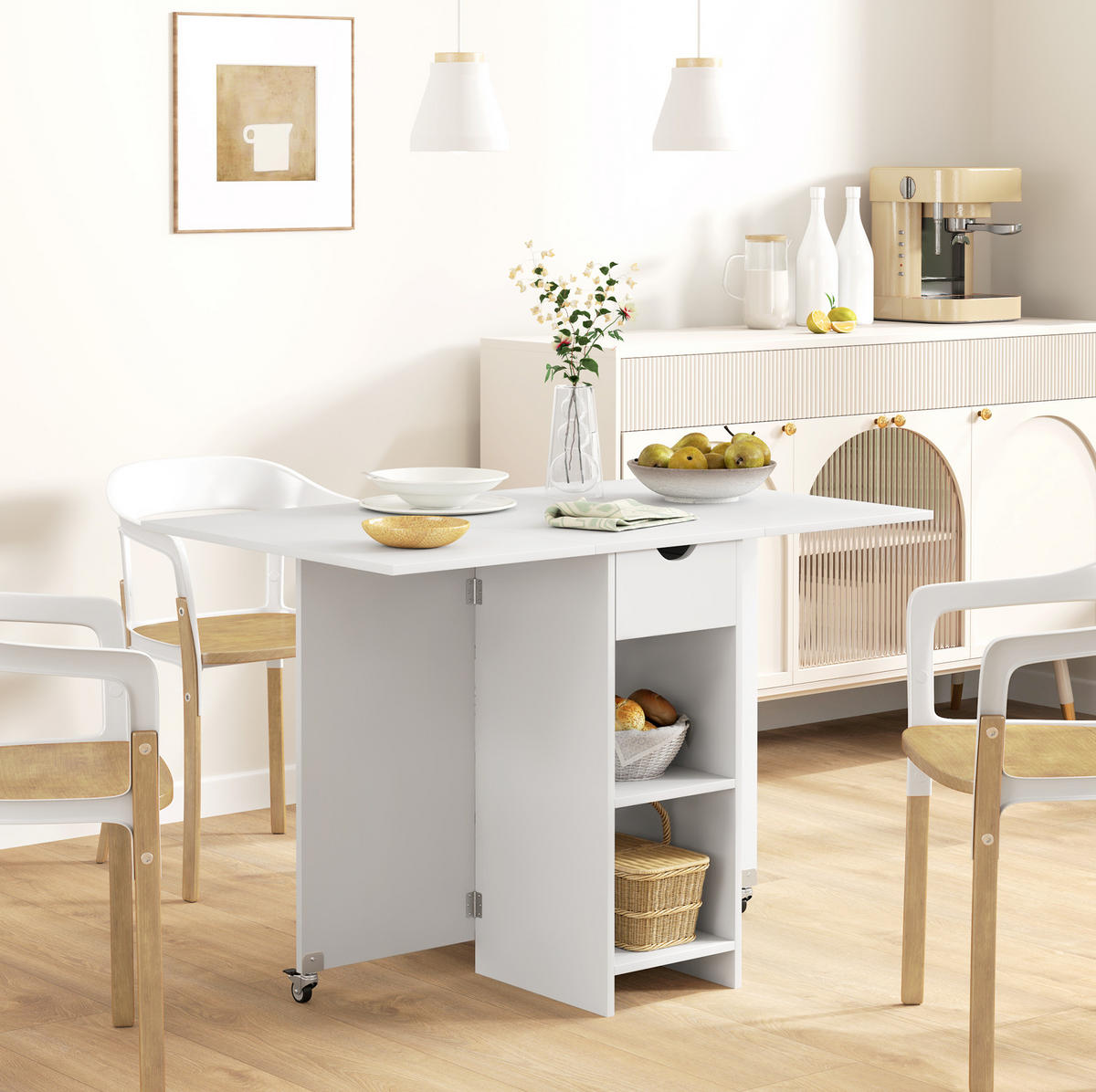 KLAPPTISCH für 2-4 Personen 114,5/70/75 cm mit Ablagen und Schublade, Weiß - Weiß, Holzwerkstoff (114.5/70/75cm) - BEAOK