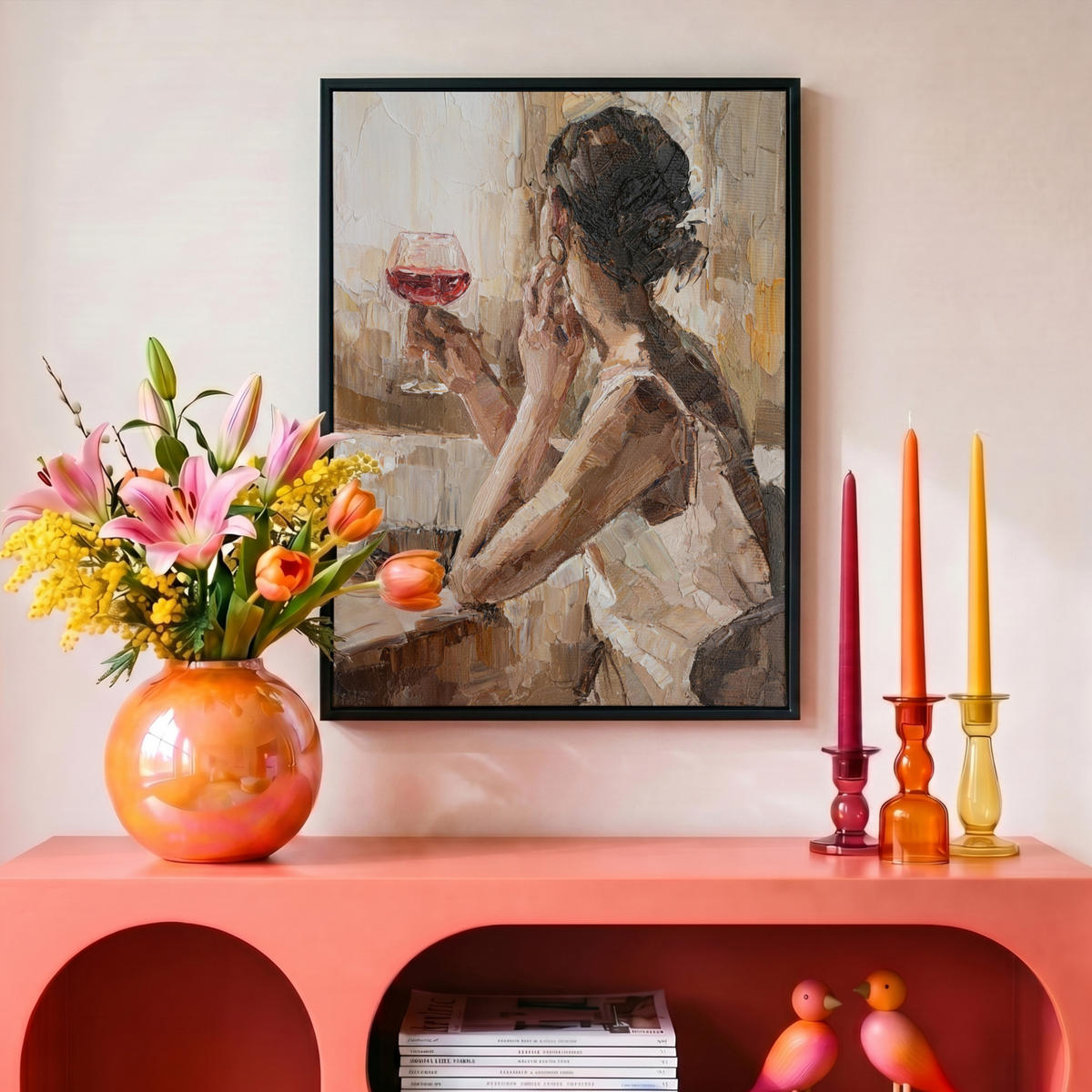 LEINWAND Bilder mit Rahmen - Ölgemälde - Frau - Wein - 30x40 - Hellbraun, Textil (30/40cm) - MuchoWow