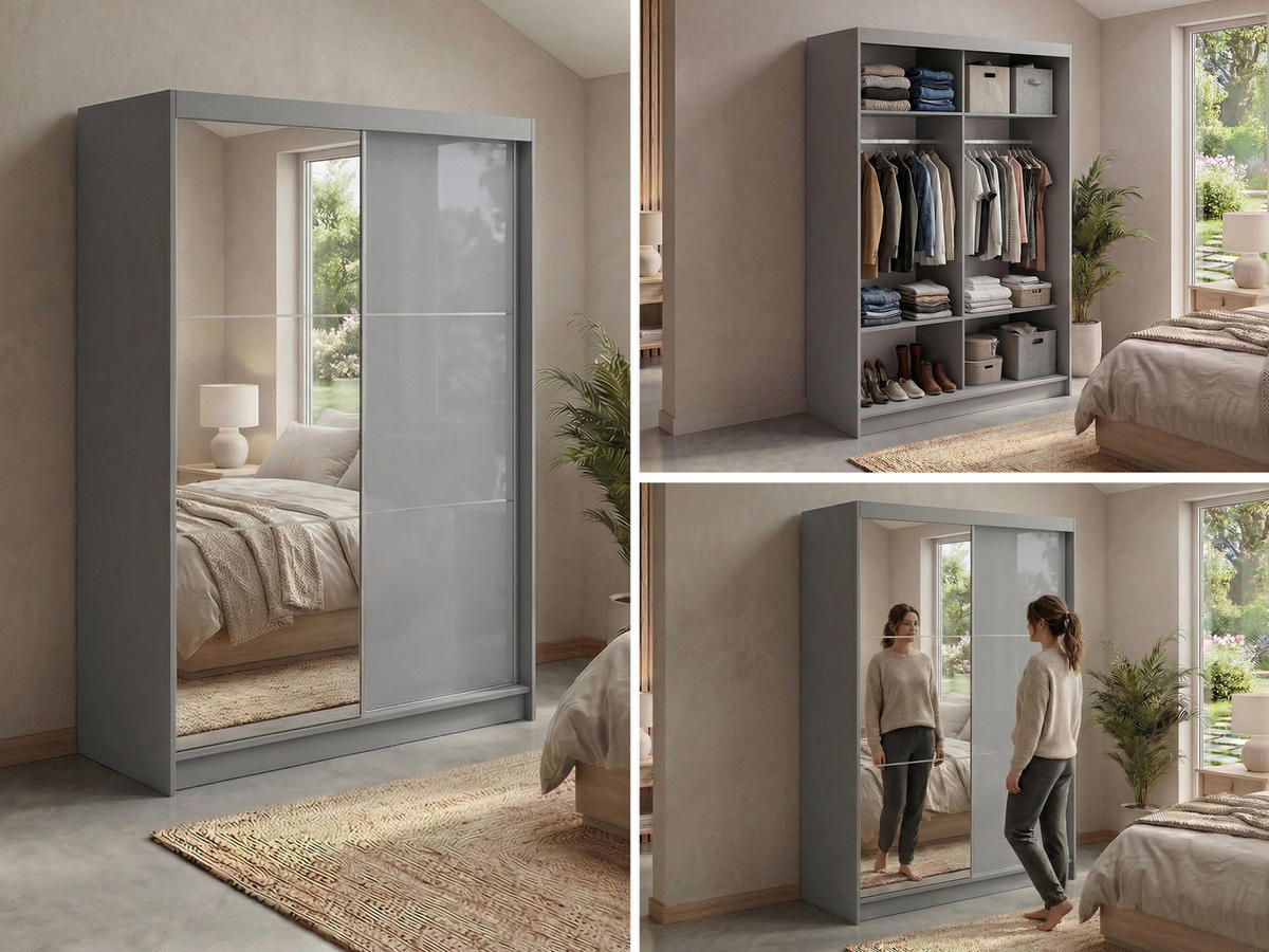 SCHWEBETÜRENSCHRANK mit Spiegel - WALENCJA - 150 - Grau lacobel - Alufarben/Grau, Holzwerkstoff/Metall (150/216/61cm) - MKS
