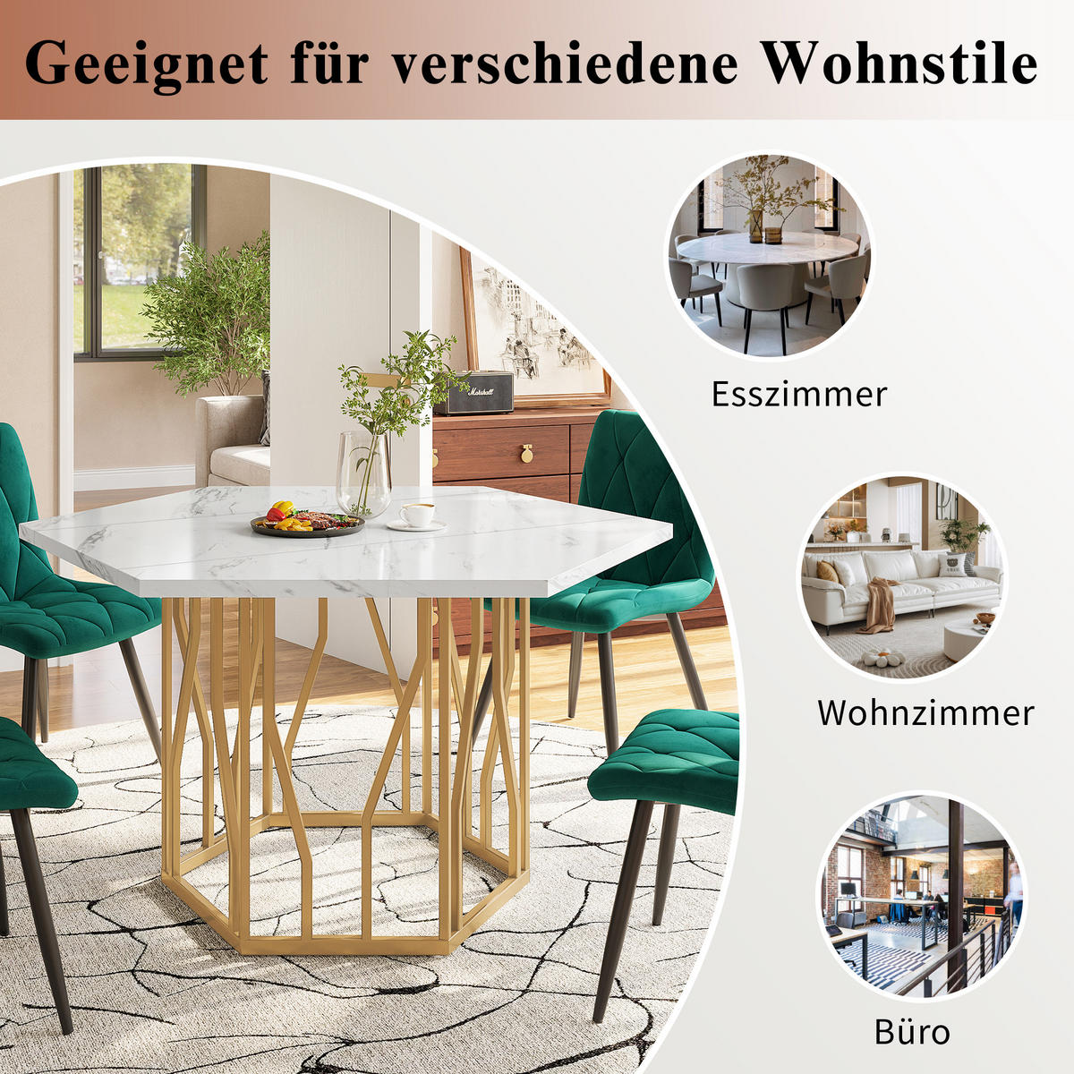 ESSTISCH sechseckig, MDF in Marmoroptik mit Metallgestell, 115,5/100/75 cm, Weiß/Gold - Goldfarben, Holzwerkstoff (115.5/100/75cm) - Redom