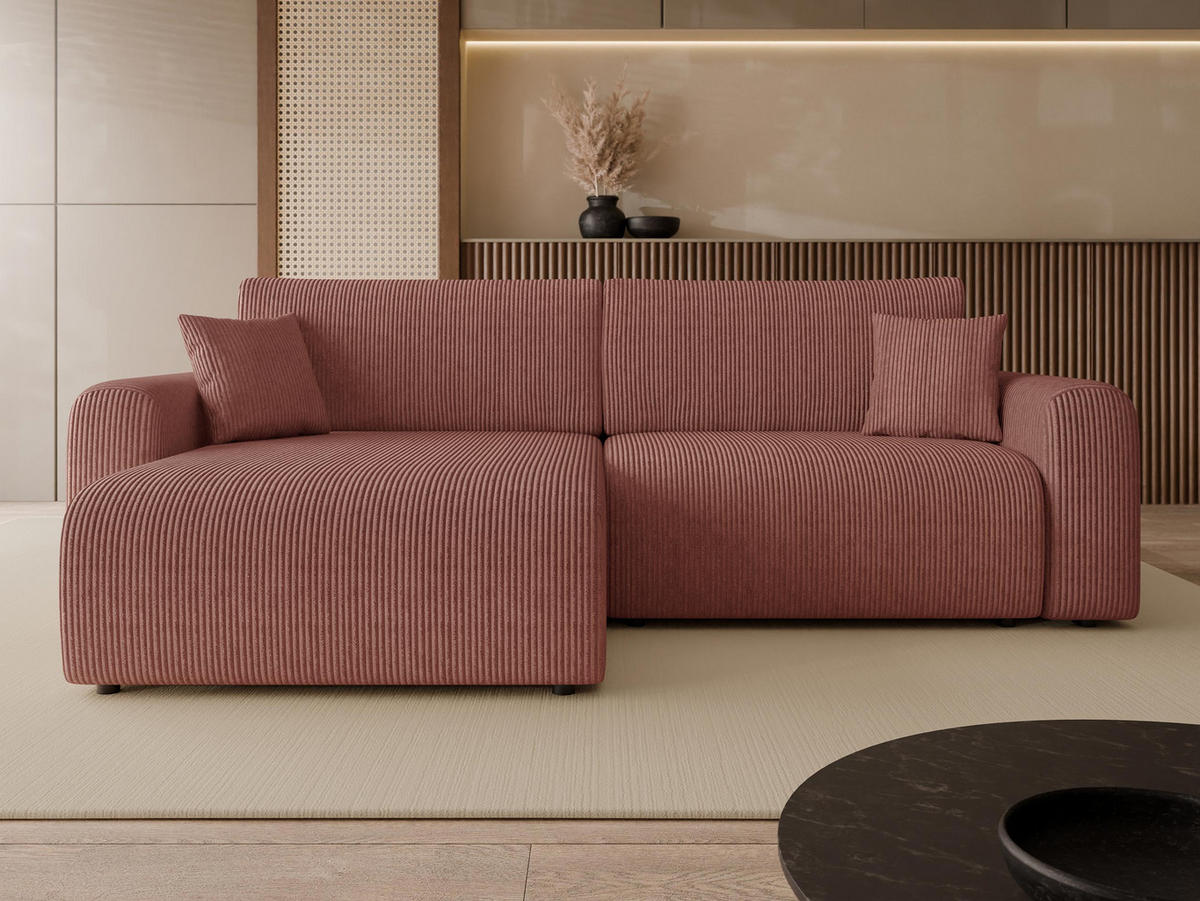 ECKSOFA Floryn L Cord - Schwarz/Rosa, Holz/Kunststoff (245/145cm) - MIRJAN24