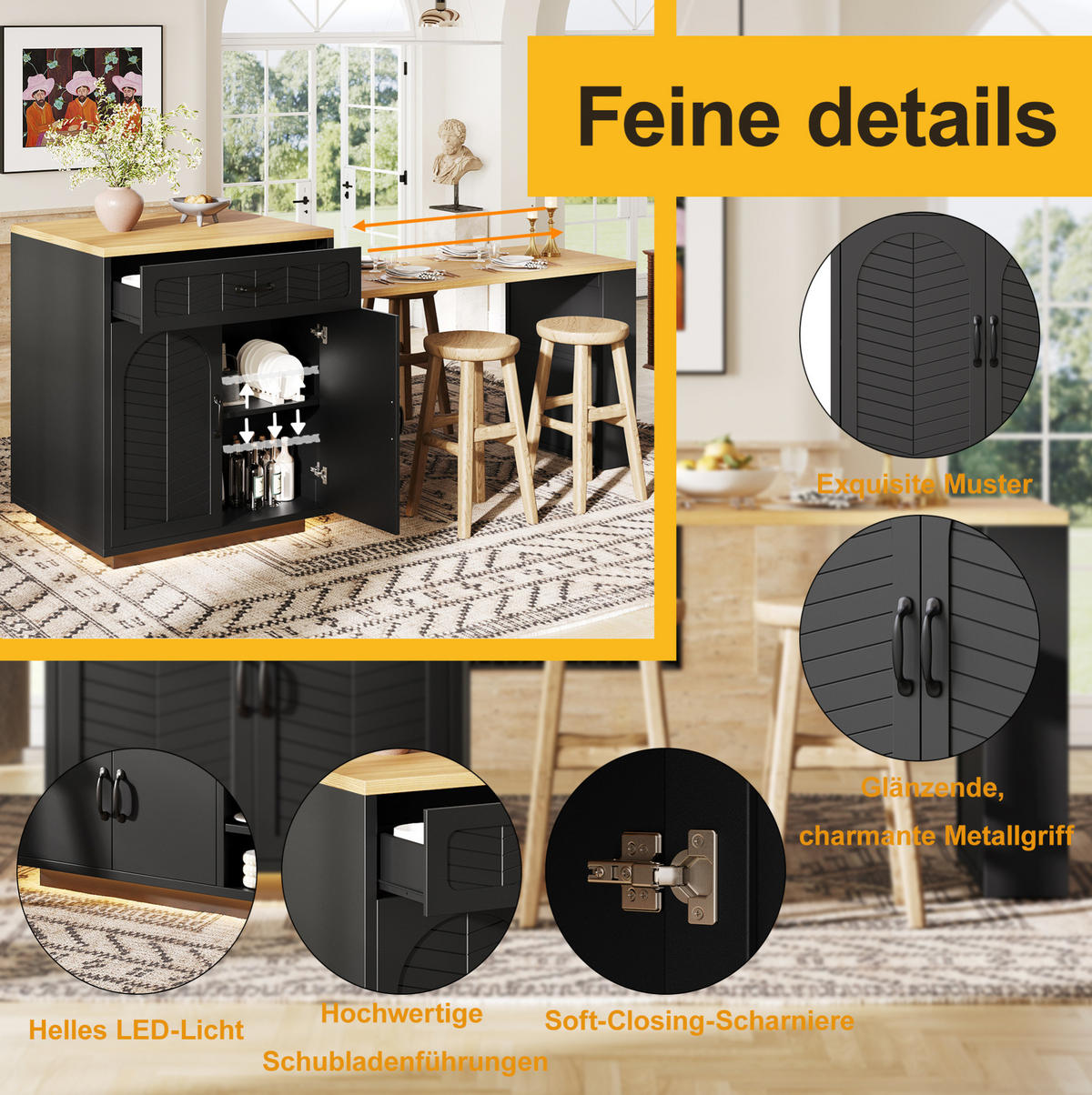 KÜCHENINSEL 80/70/95,5 cm aus MDF mit ausziehbarem Tisch, 2 Schubladen und Weinregal, Schwarz - Schwarz, Holzwerkstoff (80/95.5/70cm) - Redom