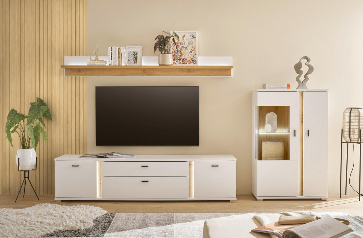 WOHNWAND weiß matt, Wotan Eiche, Wohnkombination inklusive Frontbeleuchtung 290 cm - Eiche Wotan/Weiß, Holzwerkstoff/Metall (290/170/42cm) - Furn.Design