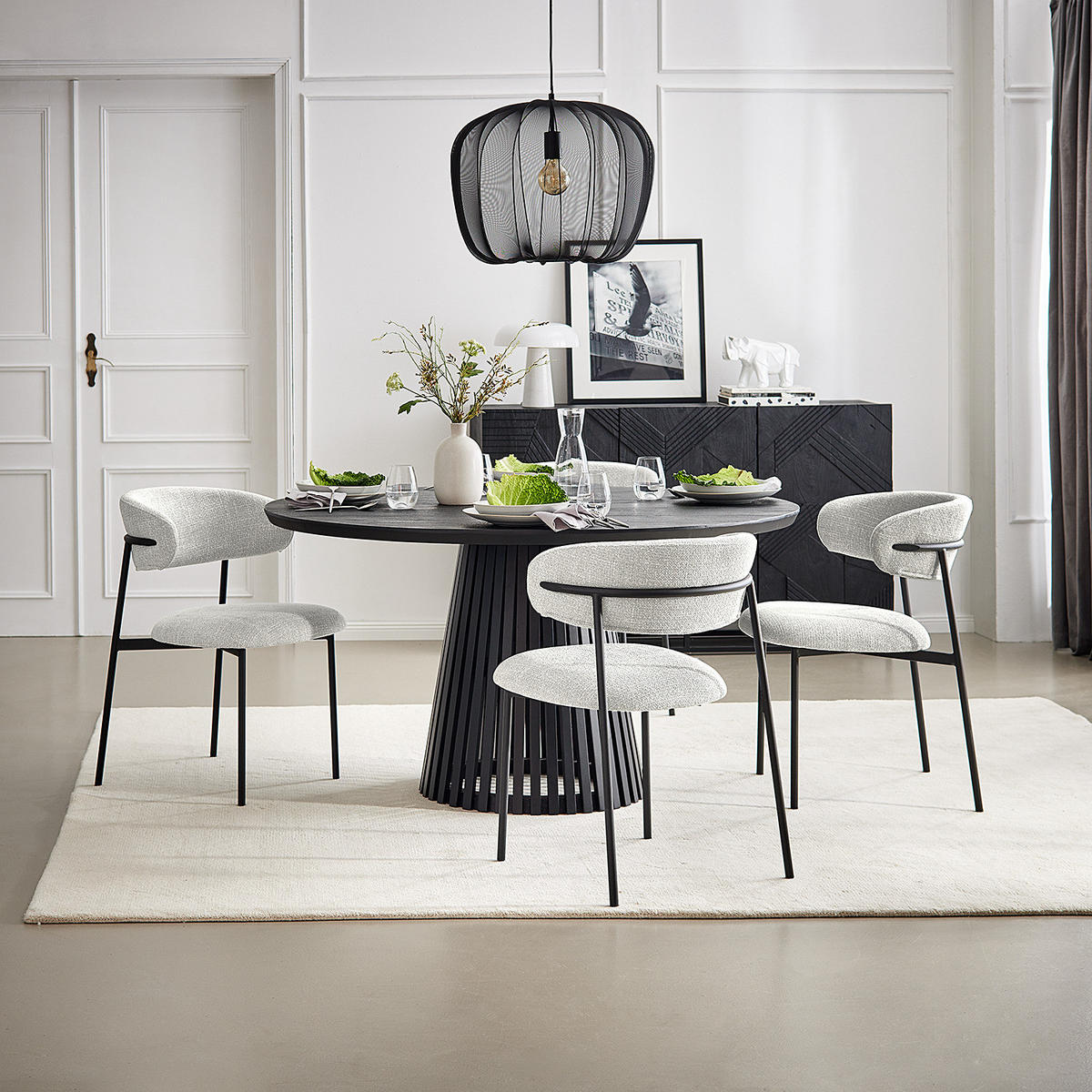 POLSTERSTUHL - 2er-Set - Strukturstoff / Edelstahl - Hellgrau/Schwarz, Textil/Metall (55/79/58cm) - home24