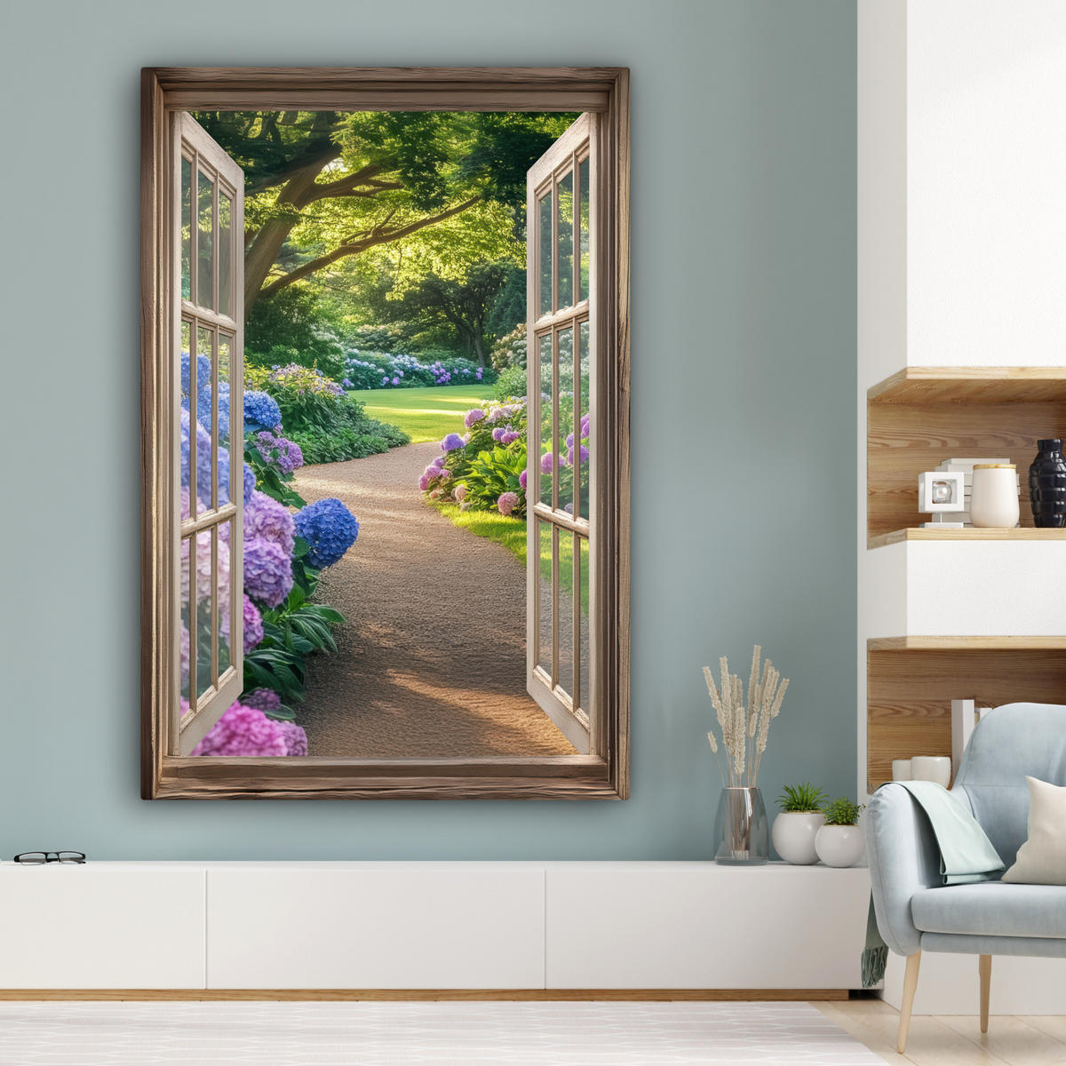 LEINWANDBILD Aussicht - Garten - Fenster - Hortensie - Blumen 90x140 cm - Pastellblau, Textil (90/140cm) - MuchoWow