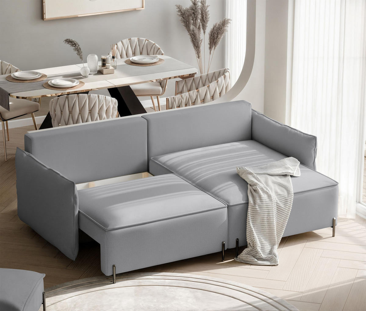 ECKSOFA MARCO Rechts, mit Schlaffunktion und Bettkasten, Grau - Grau, Textil/Metall (221/148cm) - Idohome