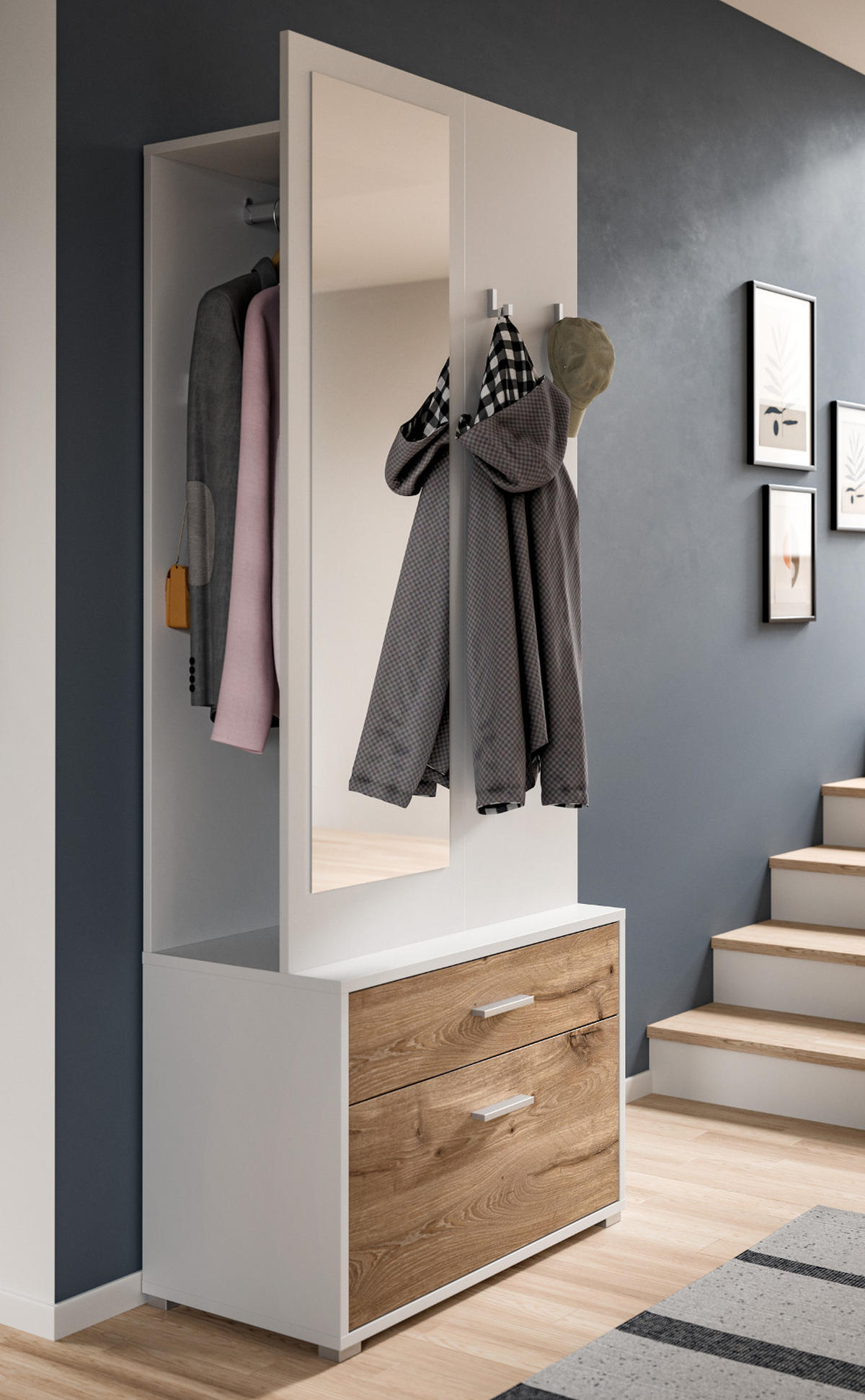 KOMPAKTGARDEROBE weiß, Eiche Nox, Garderobe mit Spiegel 80 x 190 cm - Eichefarben/Silberfarben, Glas/Holzwerkstoff (80/190/38cm) - Inn.Furn