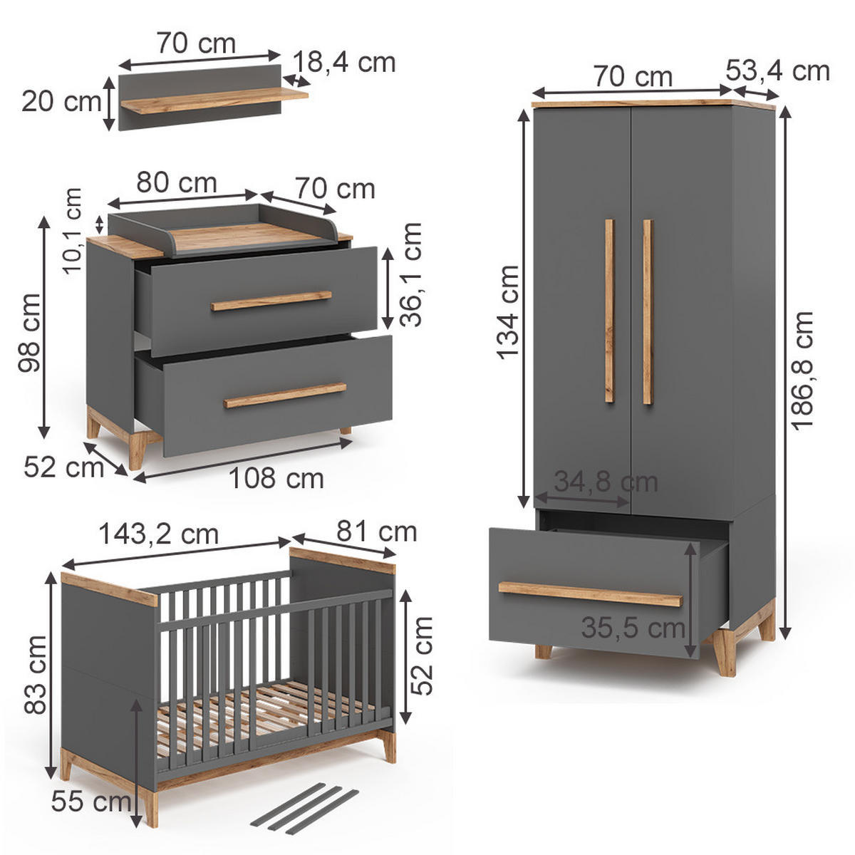 SADA PRO DĚTSKÝ POKOJ Malia Šedá/dubová - šedá/barva dubu, kompozitní dřevo (70/187/50cm) - VitaliSpa