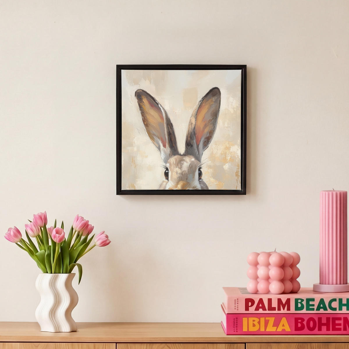 LEINWAND Bilder mit Rahmen - Hase - Ohren - Braun - 20x20 - Beige, Textil (20/20cm) - MuchoWow