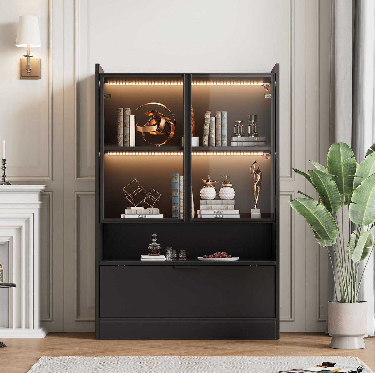 VITRINA 35/80/120 cm crna od iverice sa staklenim vratima i LED rasvjetom - crna, drvni materijal (80/120/35cm) - OKWISH