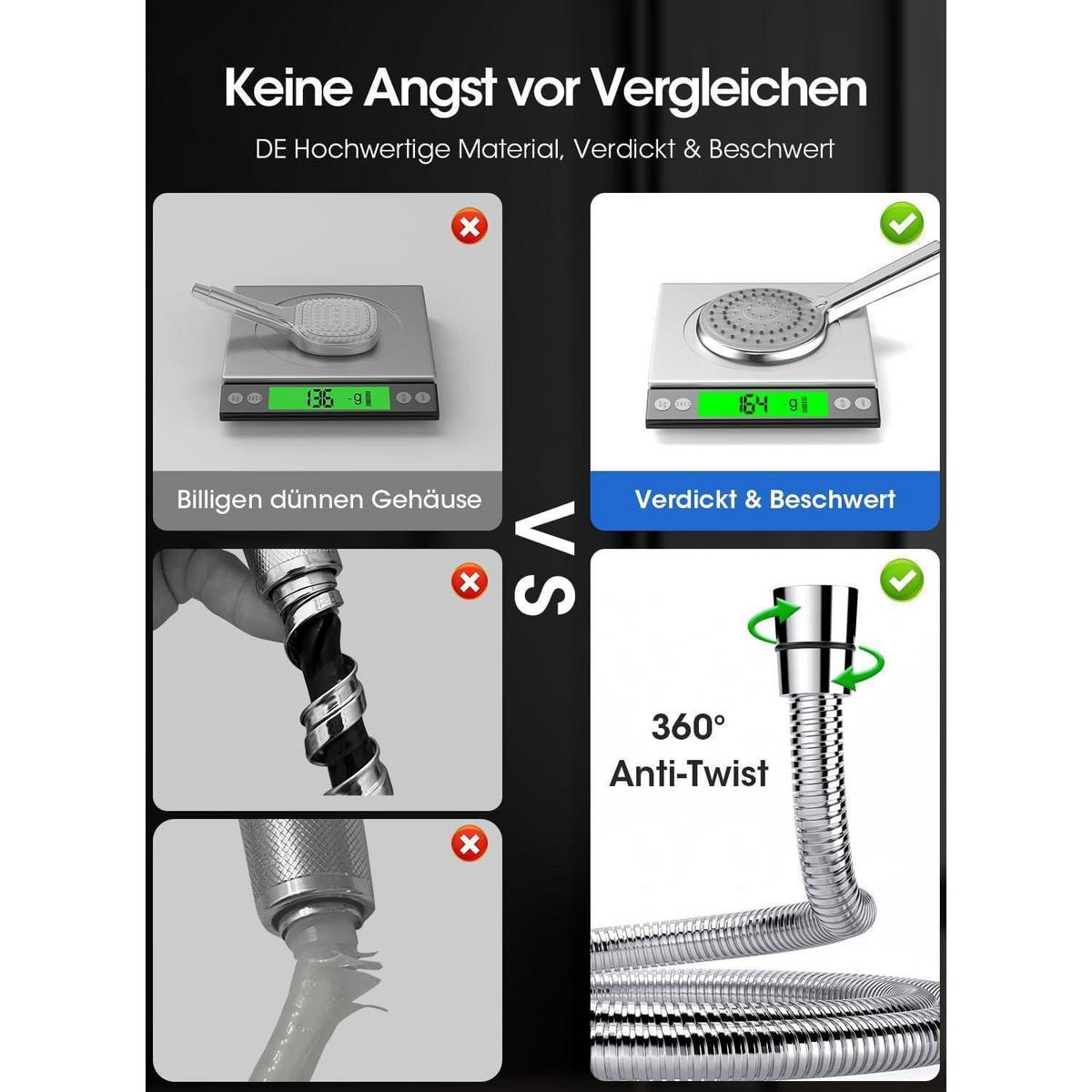 DUSCHKOPF mit Schlauch 5 Strahlarten Chrom 2M - Silberfarben, Metall (12/12.7/26.5cm)