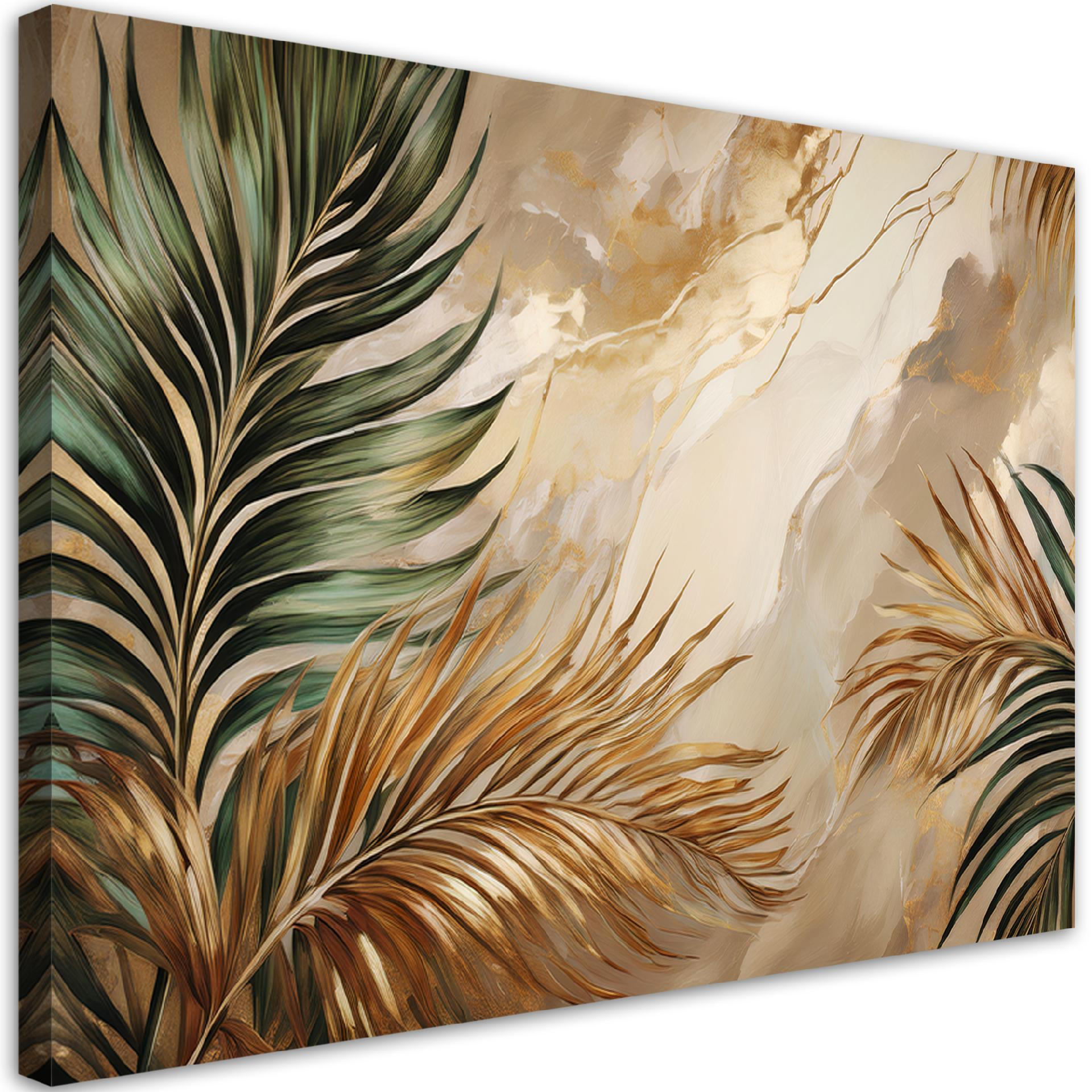 WANDBILD boho pflanzenblätter auf goldenem marmor - Goldfarben, Textil (60/40cm) - Feeby