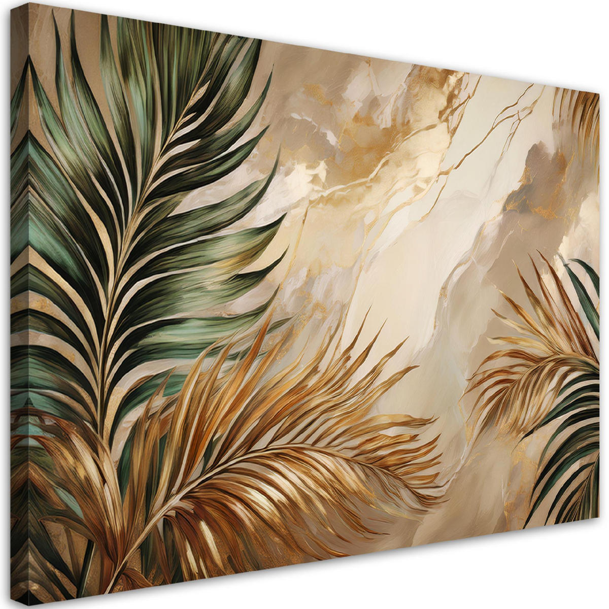 WANDBILD boho pflanzenblätter auf goldenem marmor - Goldfarben, Textil (60/40cm) - Feeby