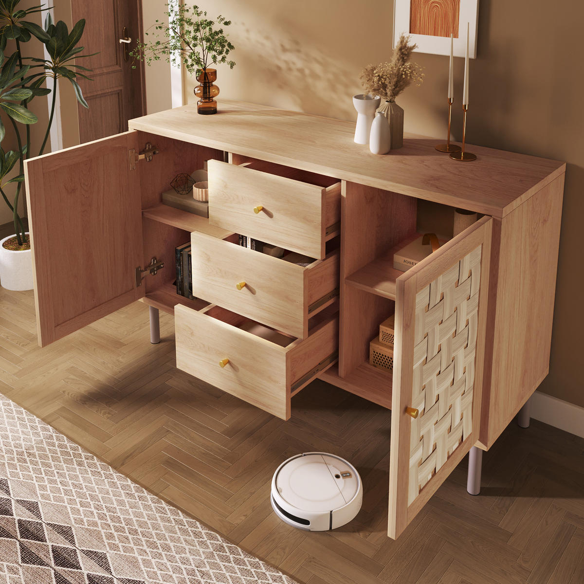 KOMMODE aus Holz 120x40x75 cm eichefarben mit 2 Türen, 3 Schubladen und höhenverstellbaren Einlegeböden - Nussbaumfarben, Holzwerkstoff (120/70/40cm) - Modfu