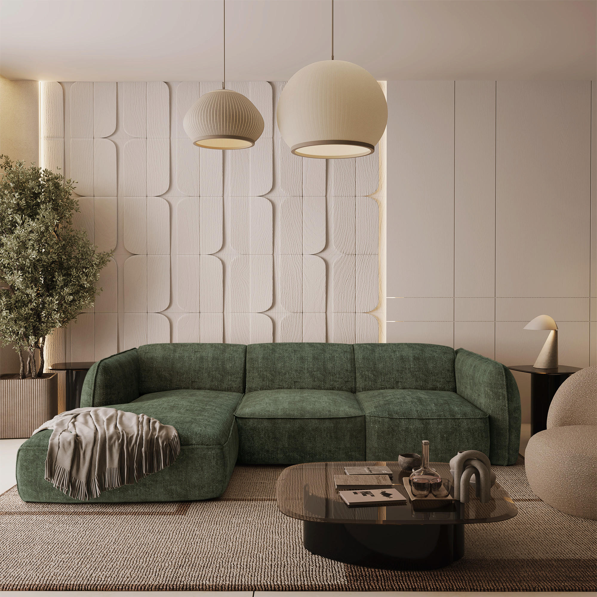 ECKSOFA LINKS Rastervelours Olivgrün 272cm - Olivgrün, Textil (165/272cm) - Sia Home
