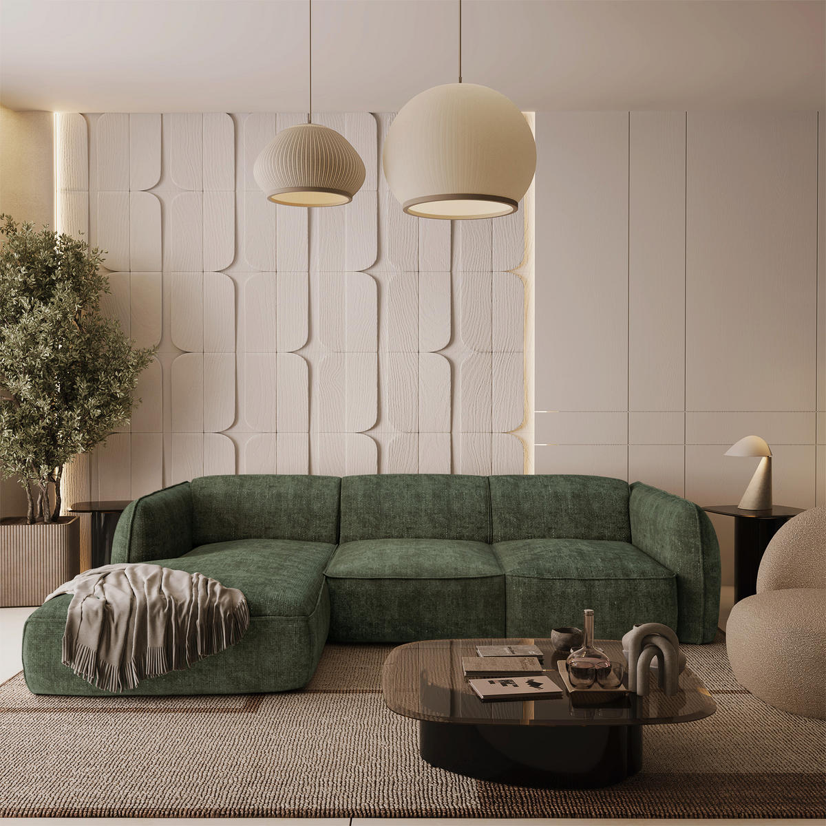 ECKSOFA LINKS Rastervelours Olivgrün 272cm - Olivgrün, Textil (165/272cm) - Sia Home