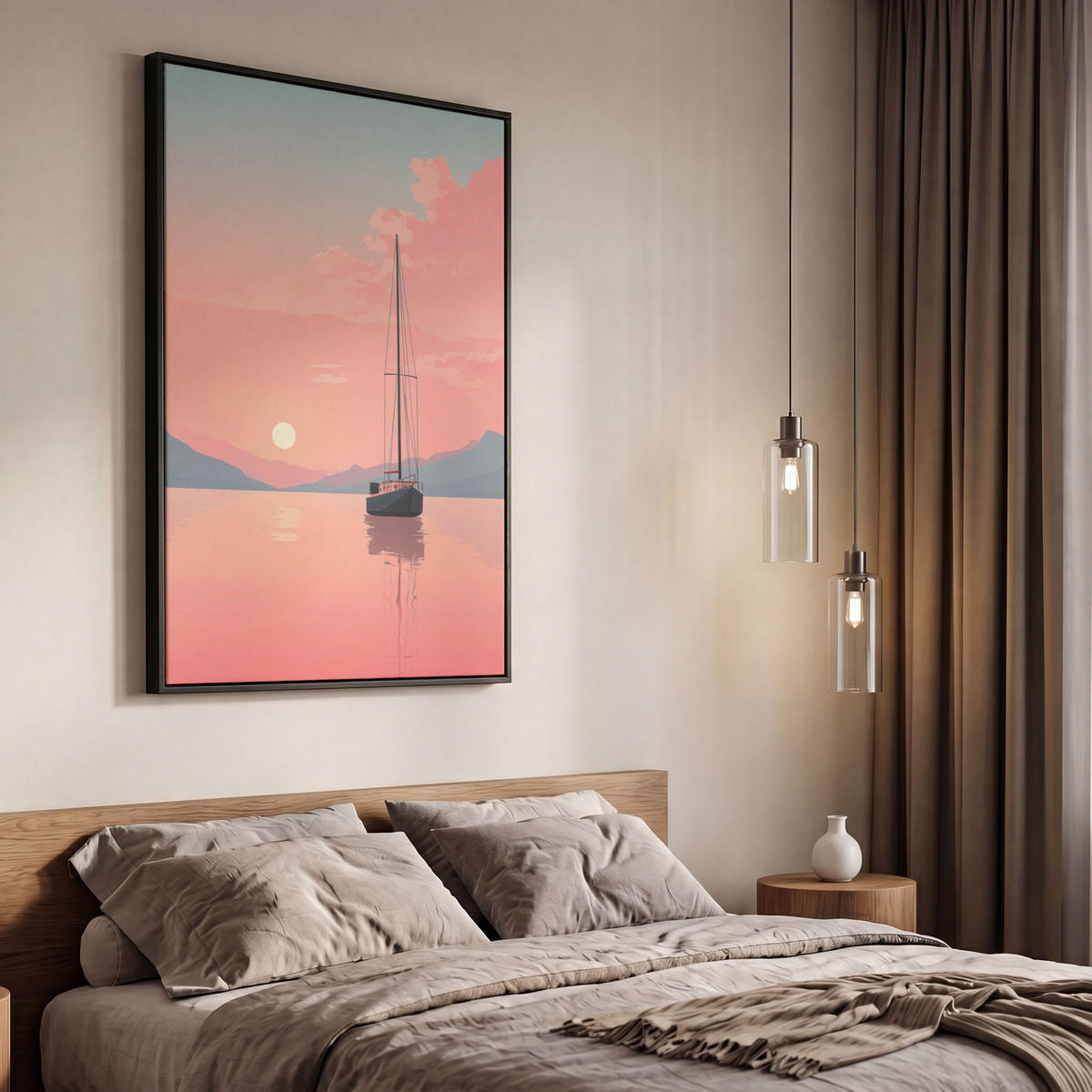 LEINWAND Bilder mit Rahmen - Segelboot - Rosa Meer - Sonnenuntergang - Berge - 60x90 - Rosa, Textil (60/90cm) - OnlyWow