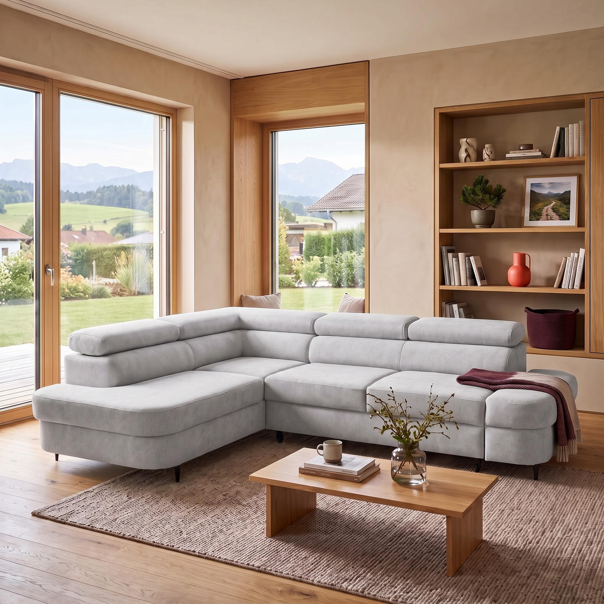 ECKSOFA PRIAM L Links mit Schlaffunktion 125x195 Velours Hellgrau - Hellgrau/Schwarz, Holz/Textil (203/275cm) - Muffo