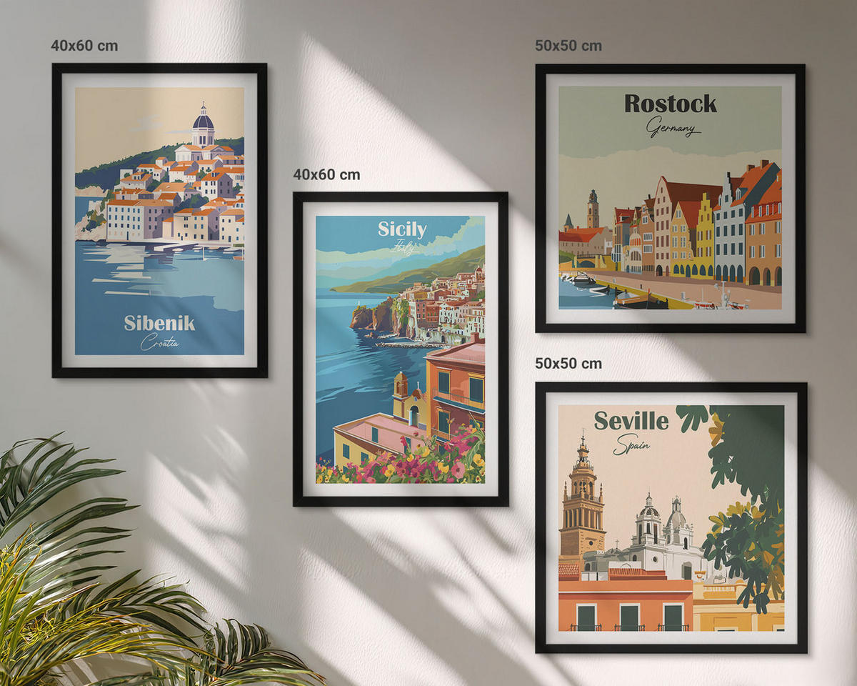 WANDBILDER 4er-Set - 50x50 cm & 40x60 cm Schwarzer Rahmen - Landschaften europäischer Städte - Schwarz, Kunststoff (50/50cm) - ArtPrintCave
