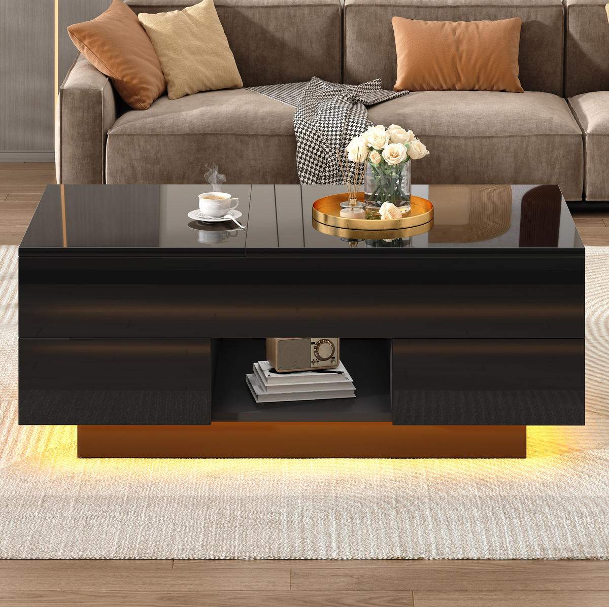 COUCHTISCH höhenverstellbar 100 x 45 x 43 cm Hochglanz Schwarz mit 2 Schubladen - Schwarz, Holzwerkstoff (100/45/43cm) - Meubliv